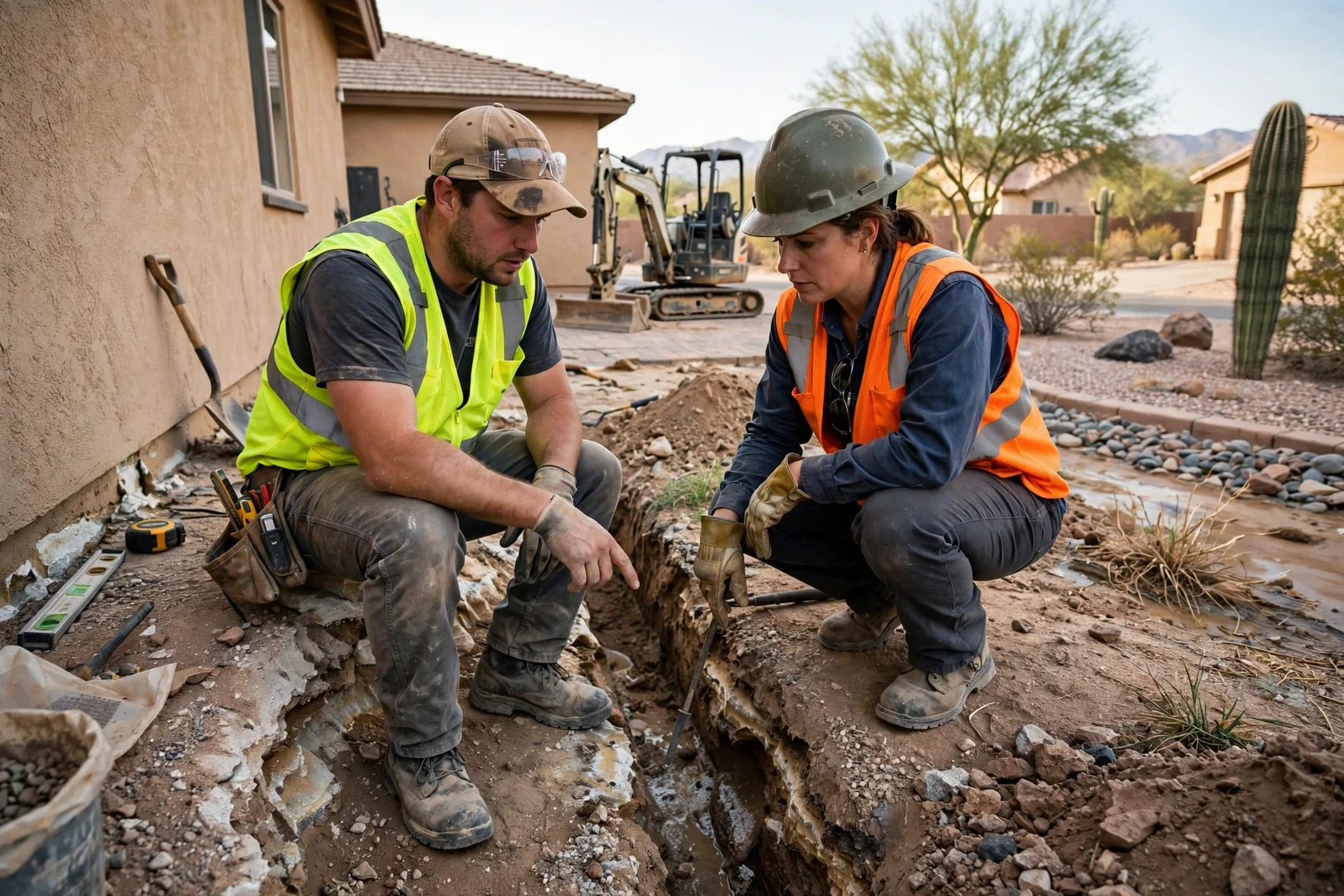 Excavation crew reviewing a graded residential lot with desert soil in Avondale