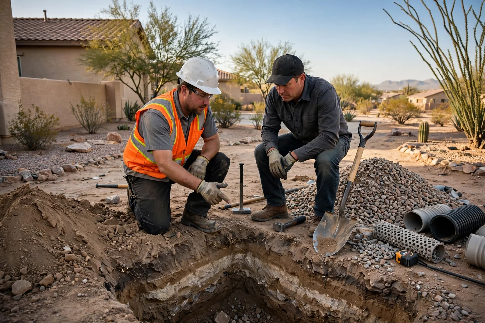 Excavation contractor reviewing a written estimate with a homeowner on site