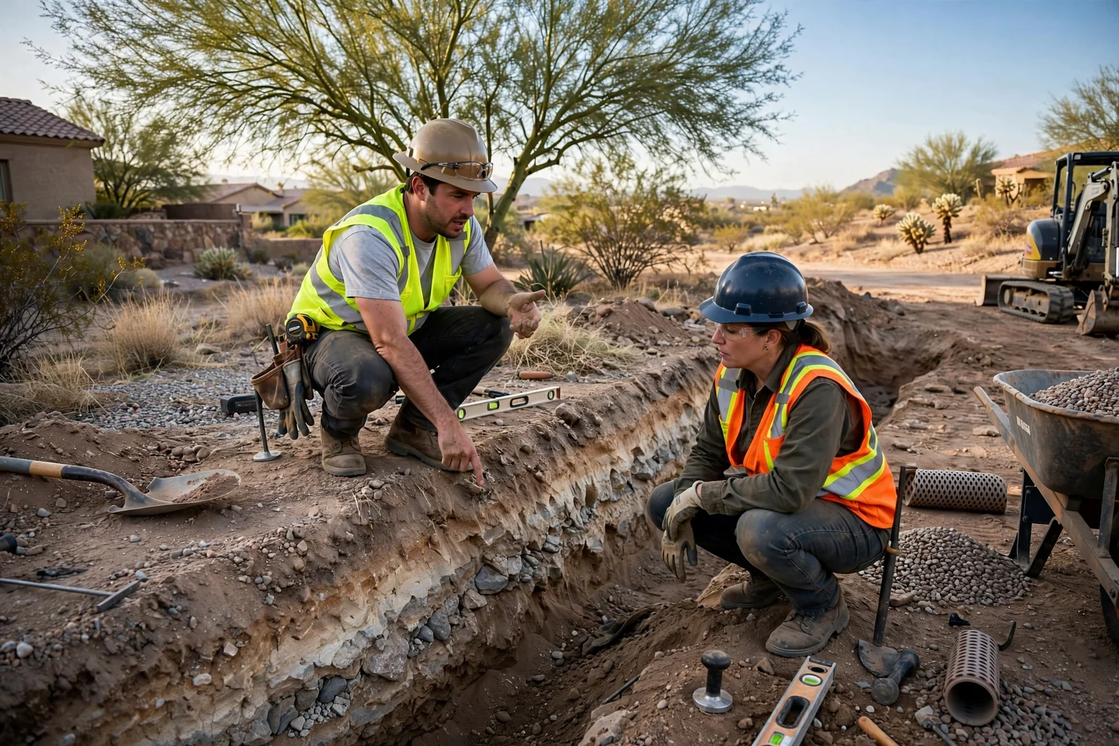 Excavation contractor reviewing a written estimate with a homeowner at an Avondale job site