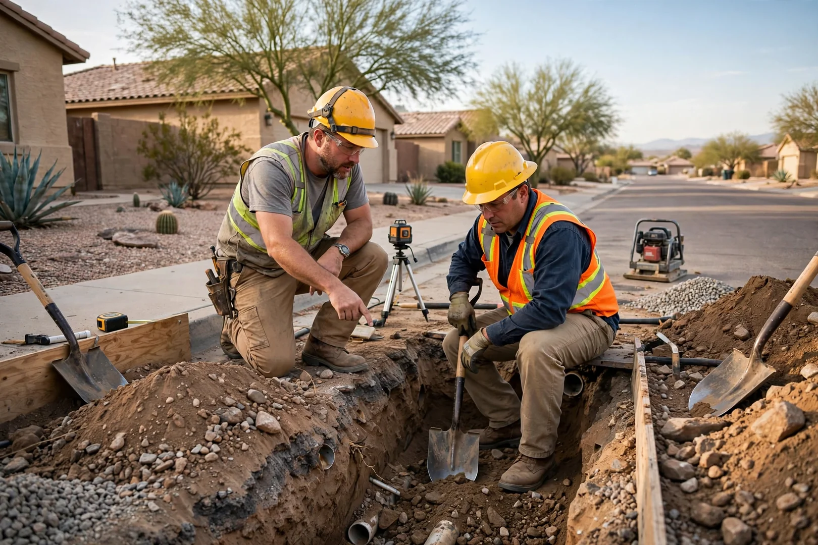 Graded desert lot with compacted soil and a drainage slope near Avondale homes