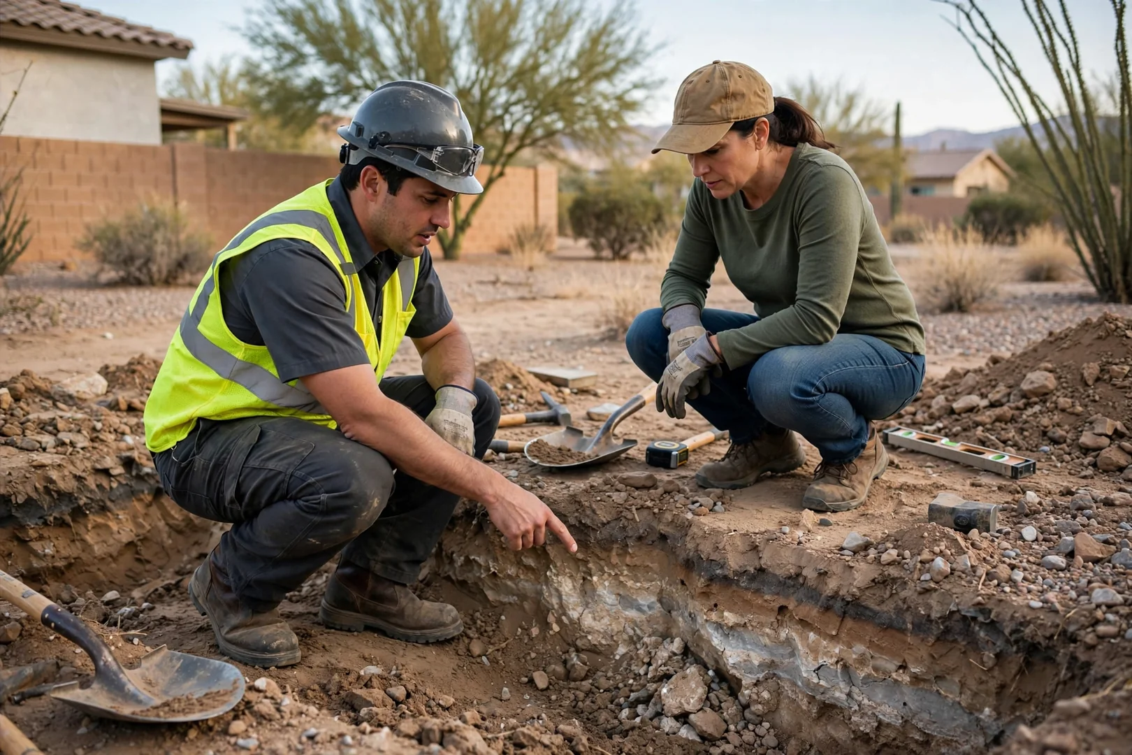 Crew grading compacted desert soil around a new home foundation in Avondale