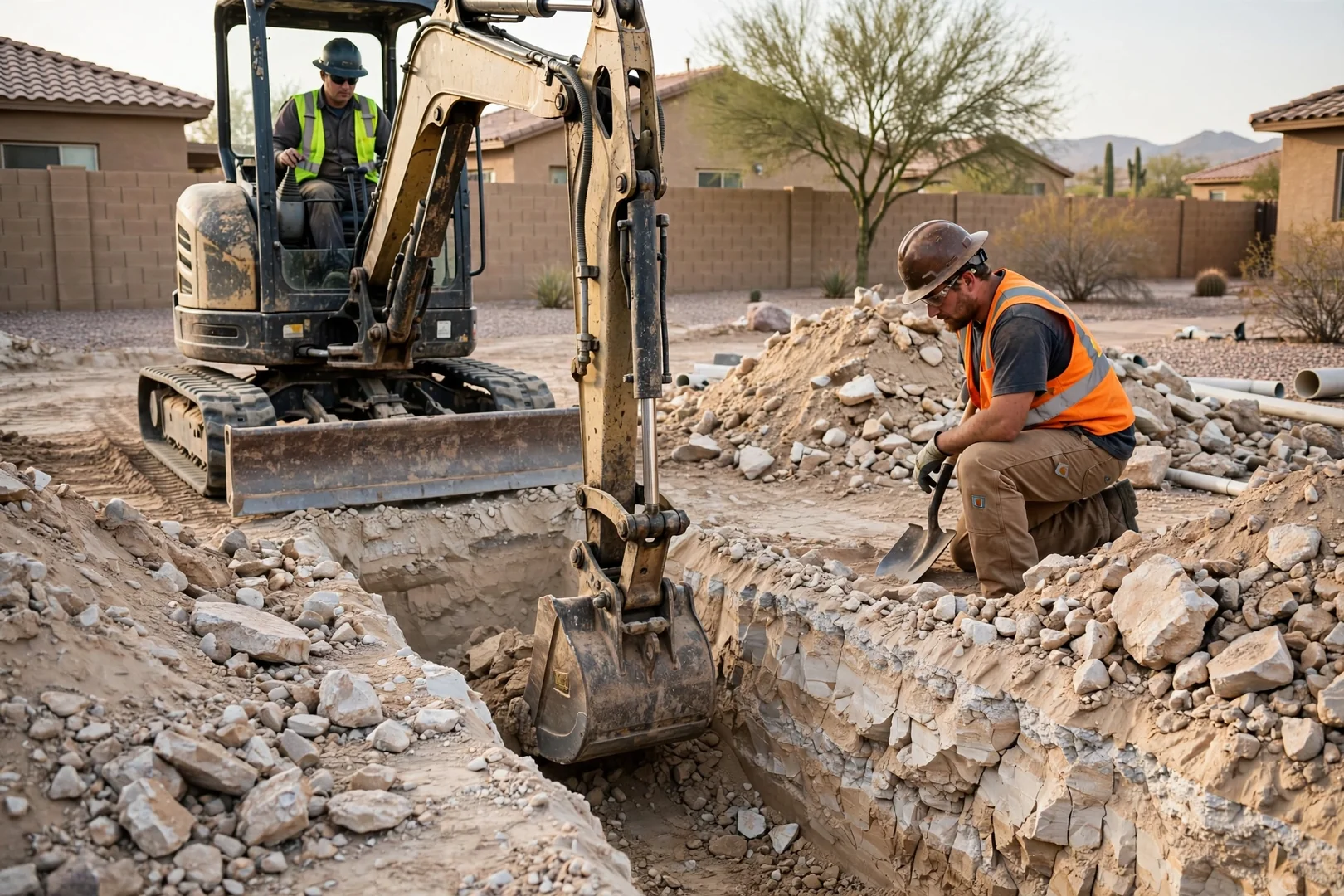 Excavator trenching through hard caliche soil on a residential lot in Avondale