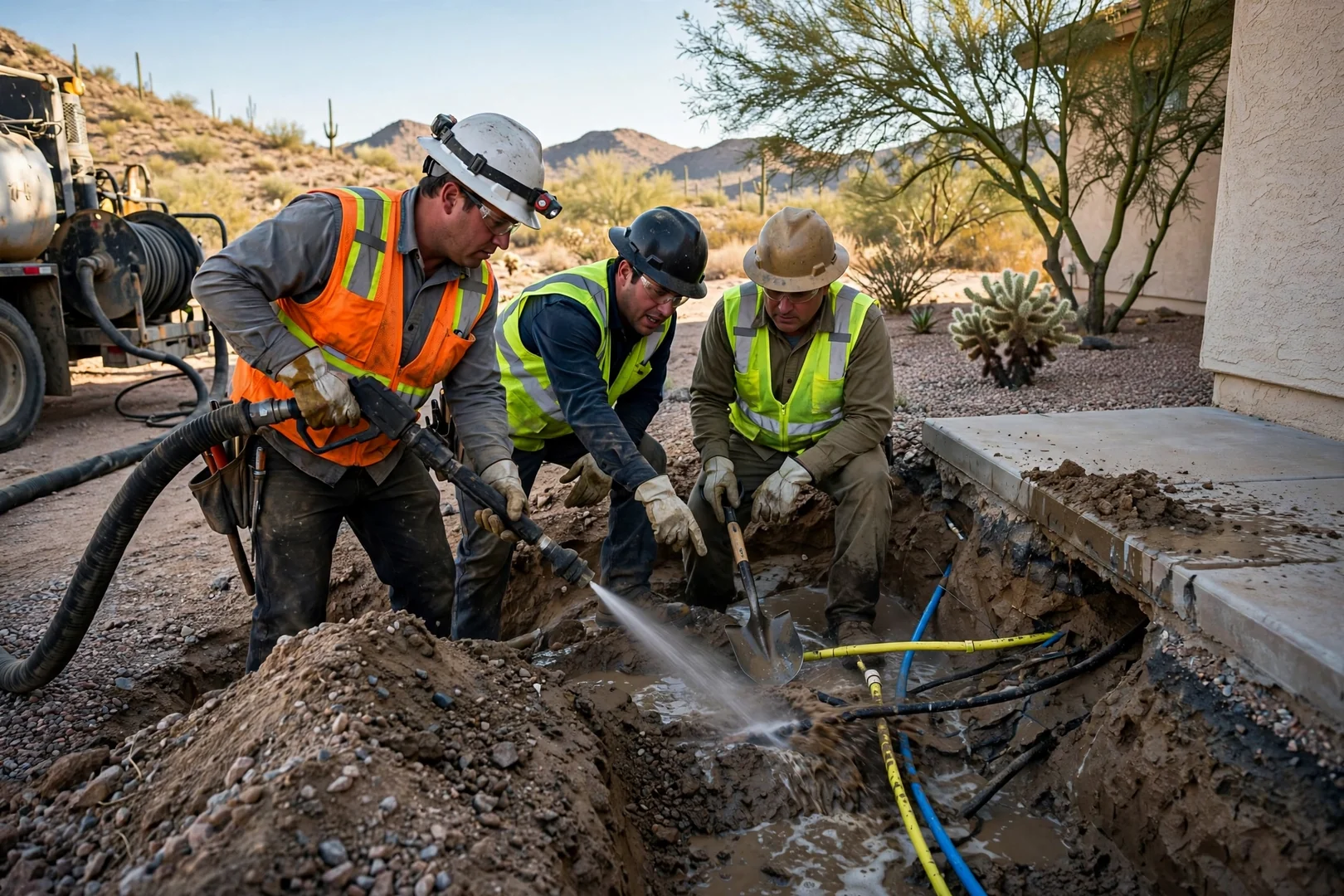Hydro excavation crew exposing buried utility lines beside a desert home foundation