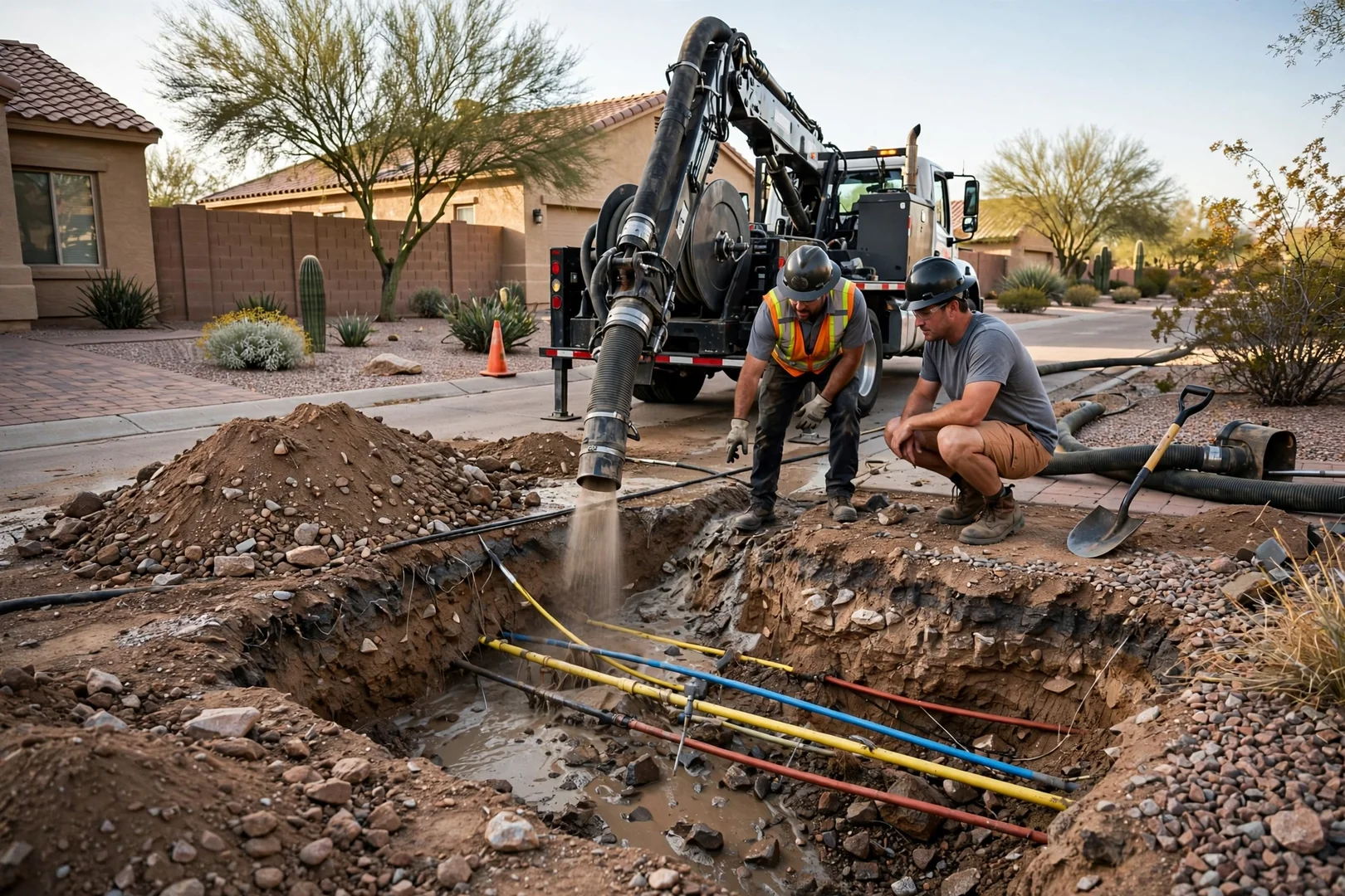 Hydro excavation truck exposing buried utility lines in a residential Avondale yard