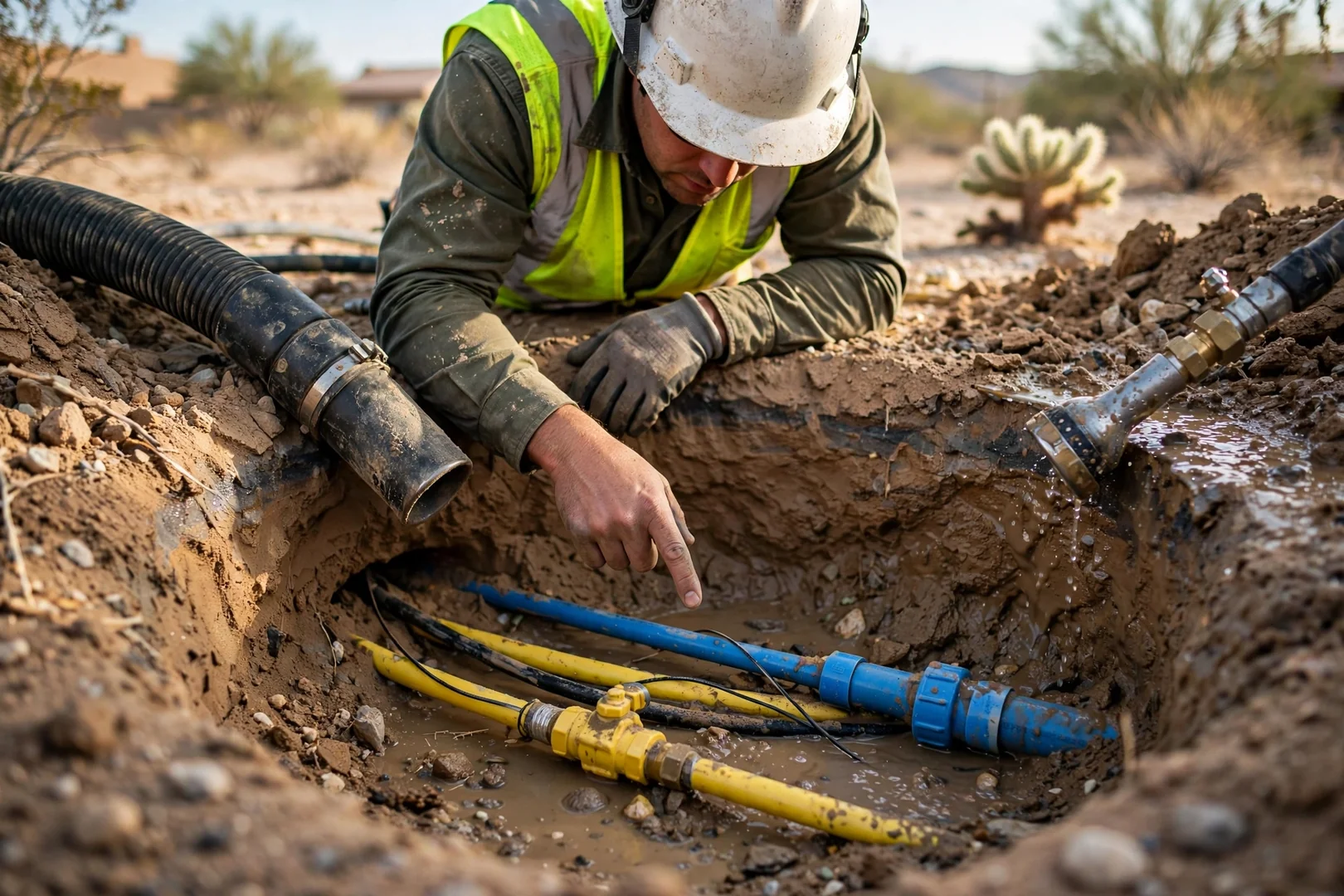 Close-up of hydro excavation pothole revealing gas and water lines in desert soil