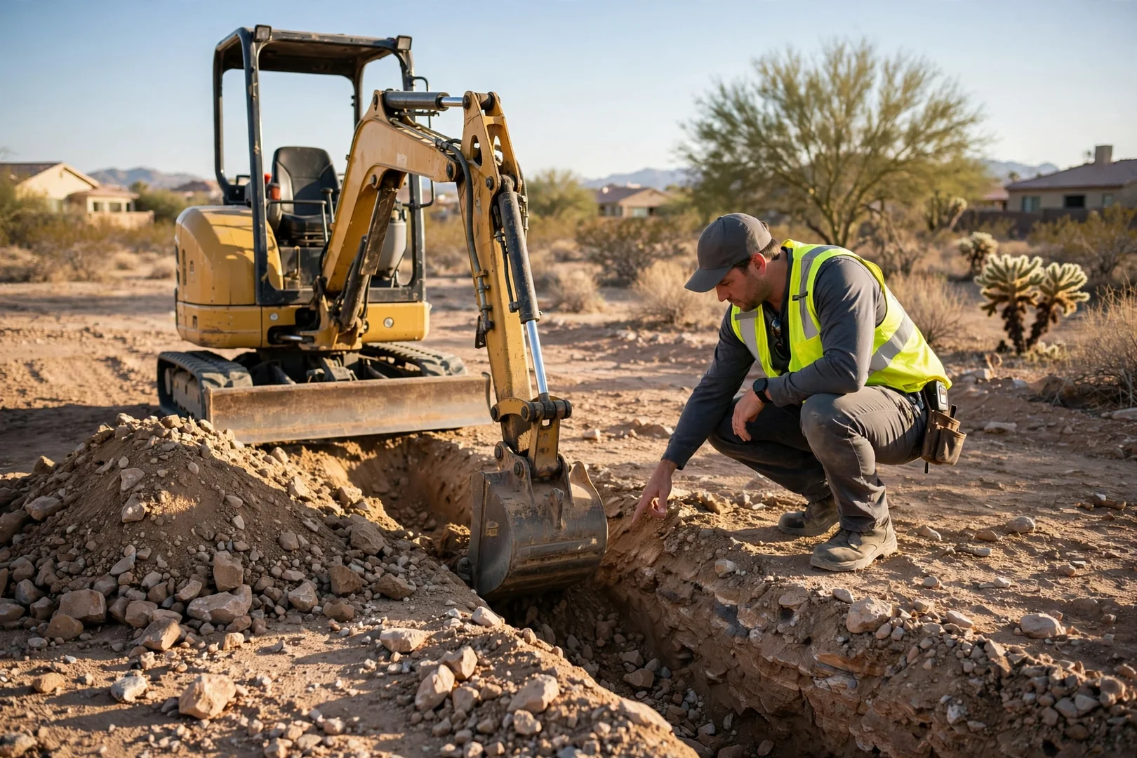 Compact excavator digging a foundation footing on a cleared Arizona desert lot