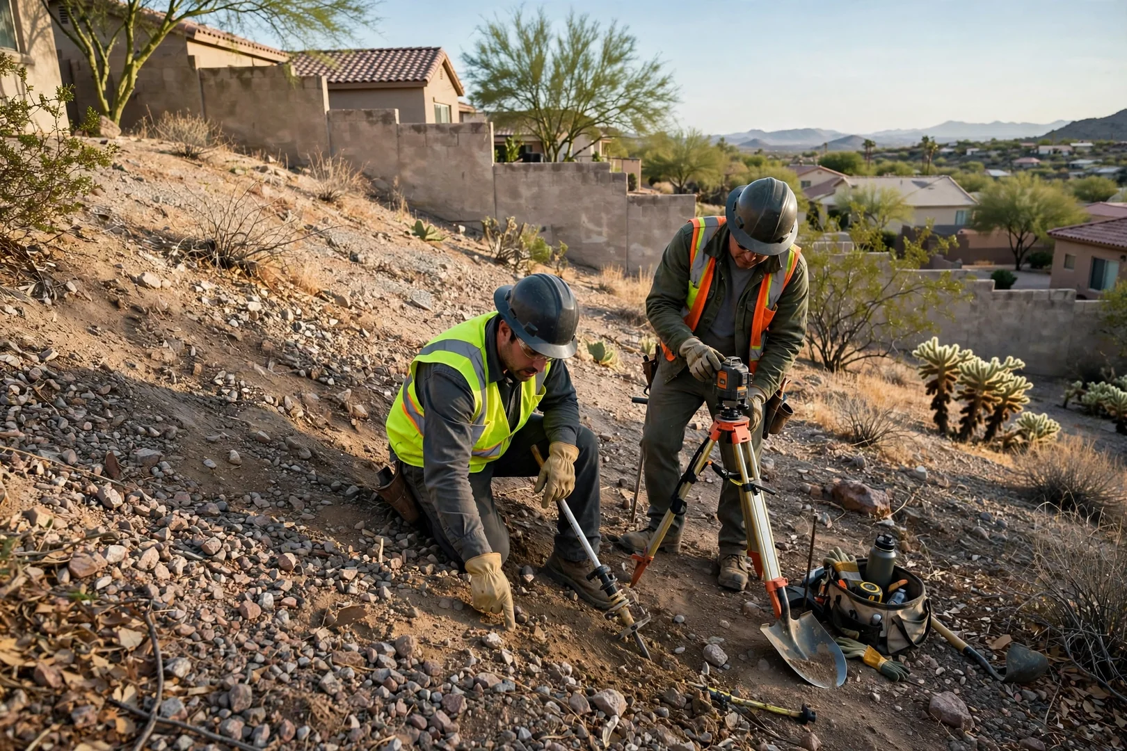 Undisturbed sloped backyard with desert gravel before site grading work begins