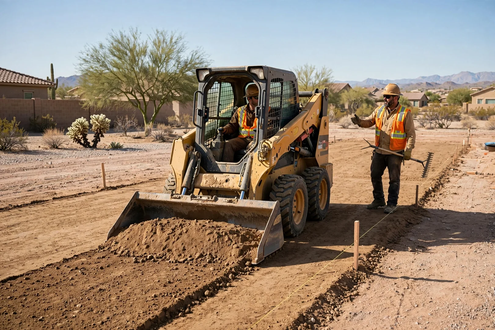 Skid steer leveling compacted fill on a residential building pad under clear skies
