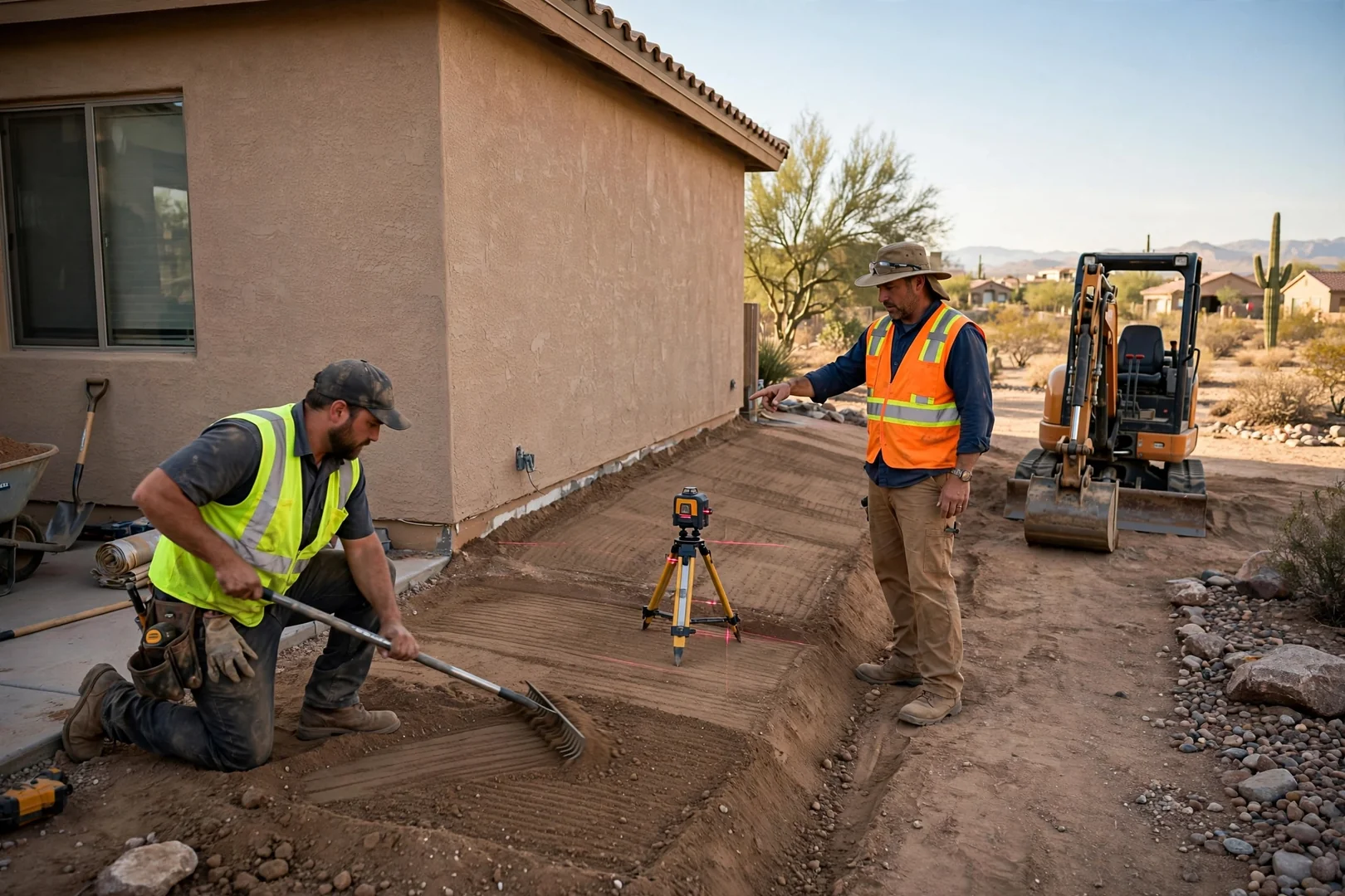 Freshly graded yard with positive drainage slope away from a stucco home in Avondale