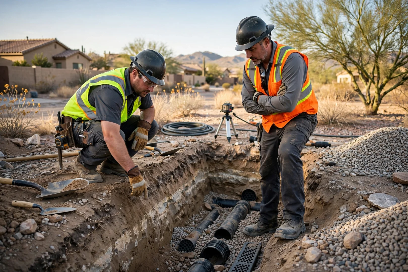 Crew member checking excavator hoses and tracks before a dig