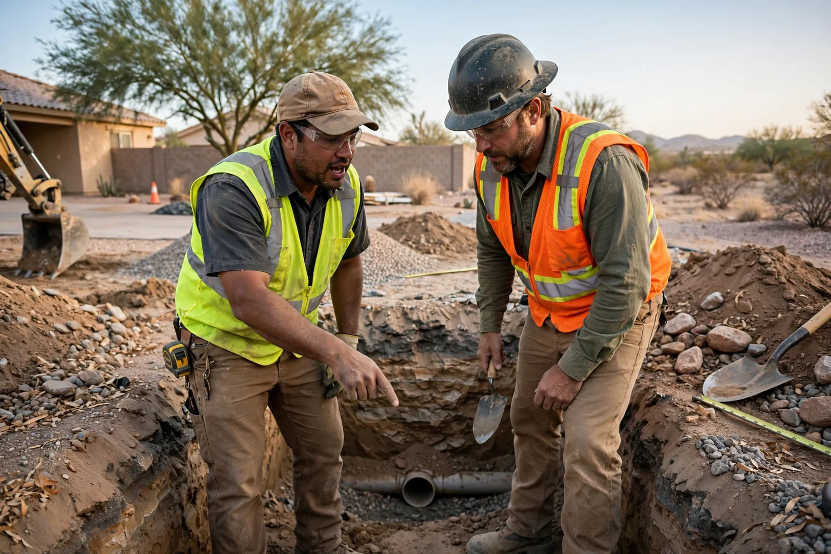 Excavation crew in safety vests inspecting a trench