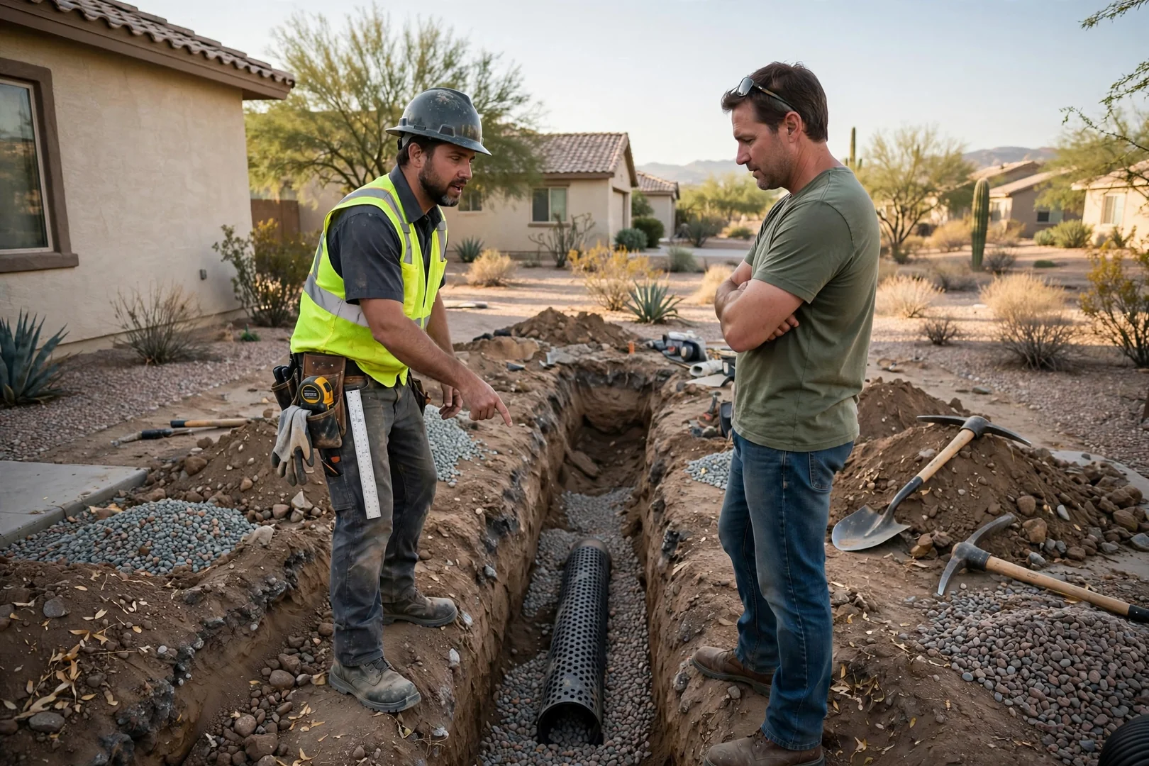 Excavation crew reviewing a trench and exposed utility lines on an Avondale property