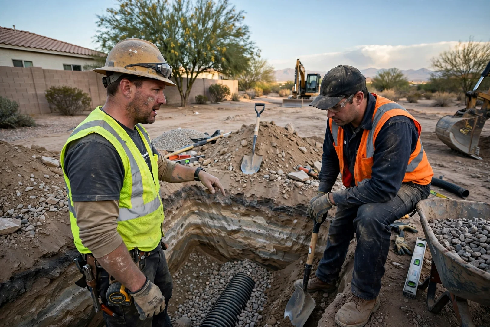 Excavation crew grading a residential lot with compacted desert soil in Avondale