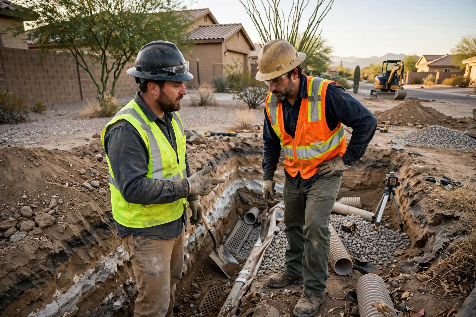 Excavator digging foundation footings on a residential lot in Avondale, AZ