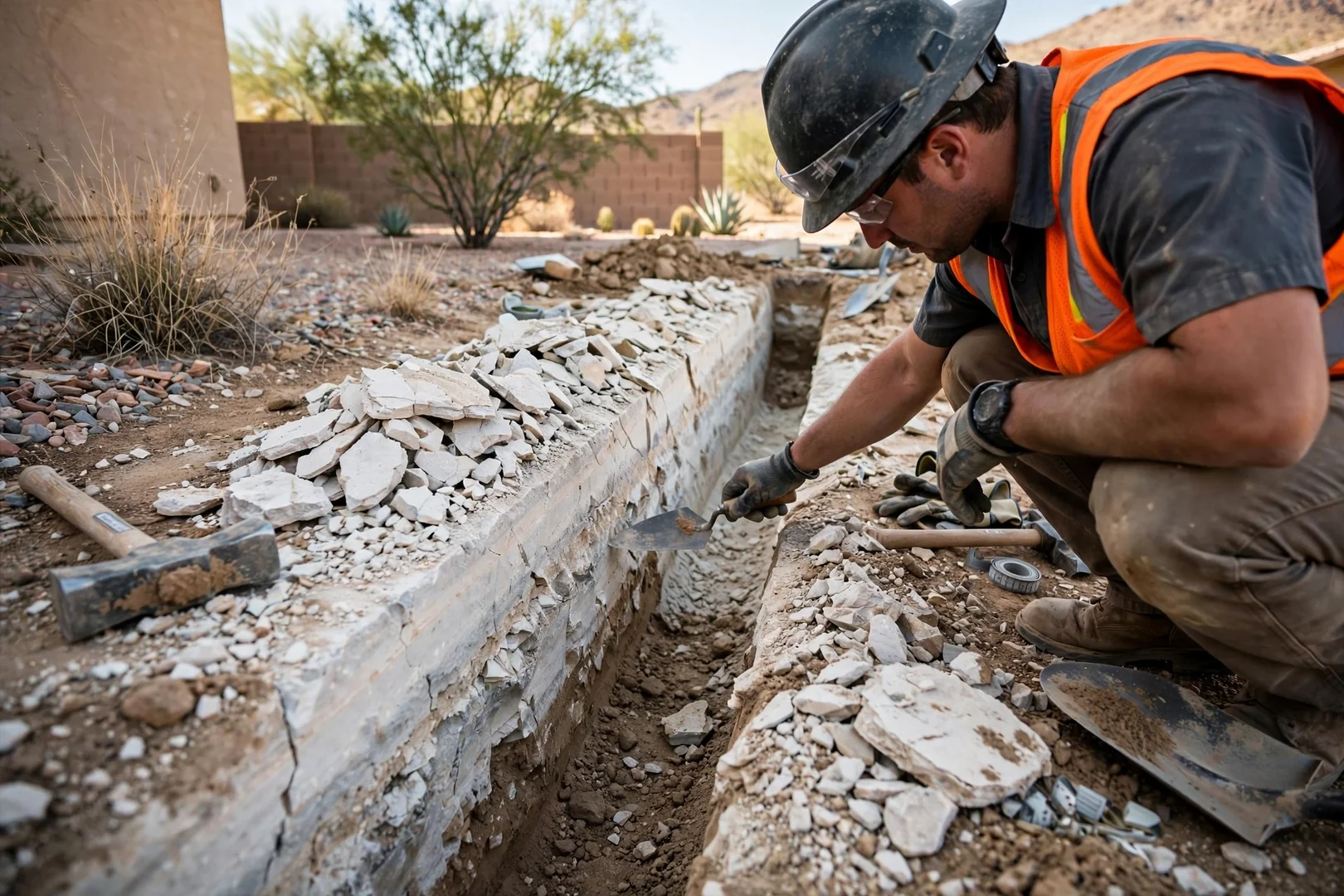 Close-up of footing trench cut through caliche soil before rebar placement