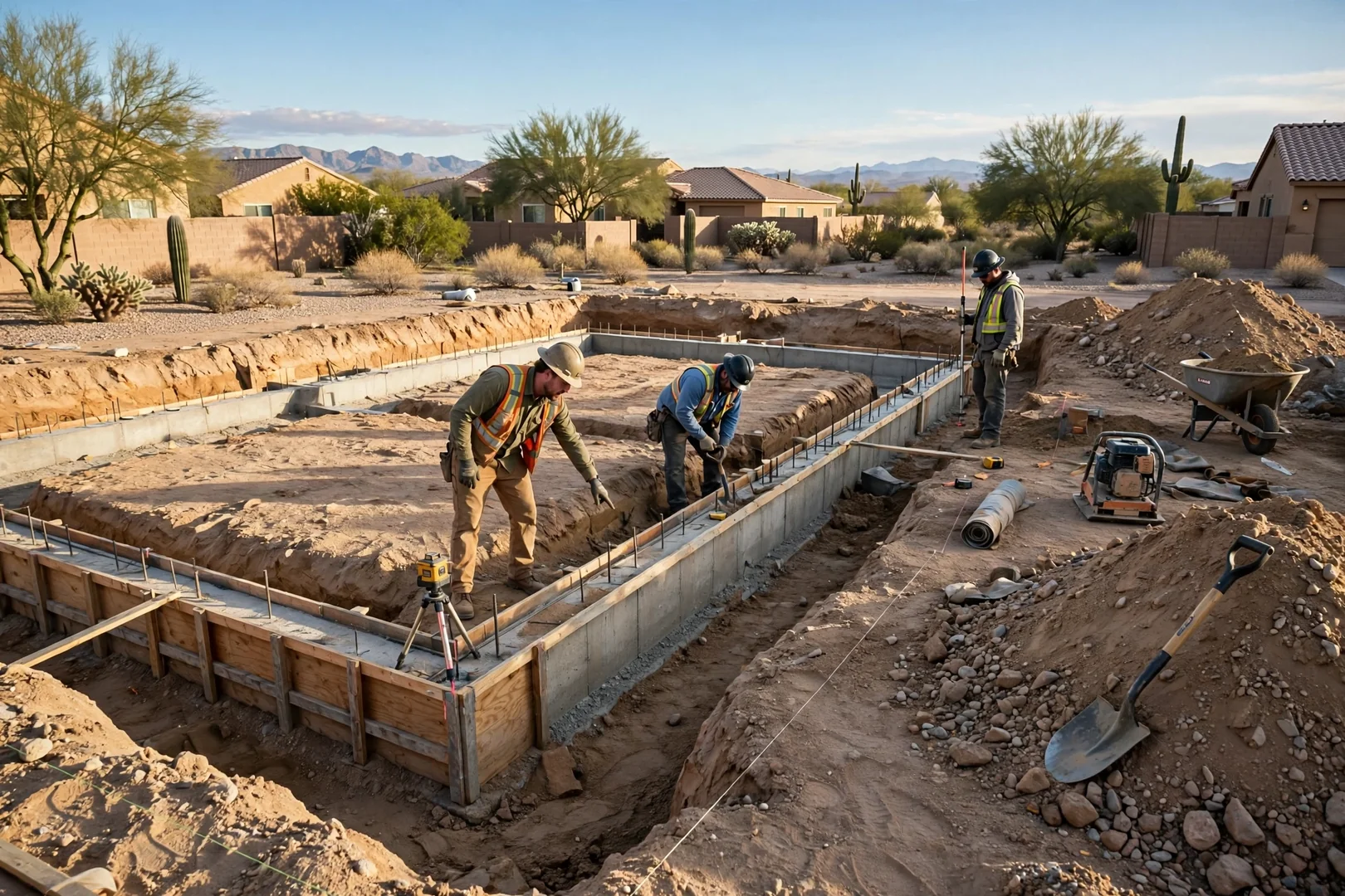 Wide shot of a residential lot after stem wall foundation excavation