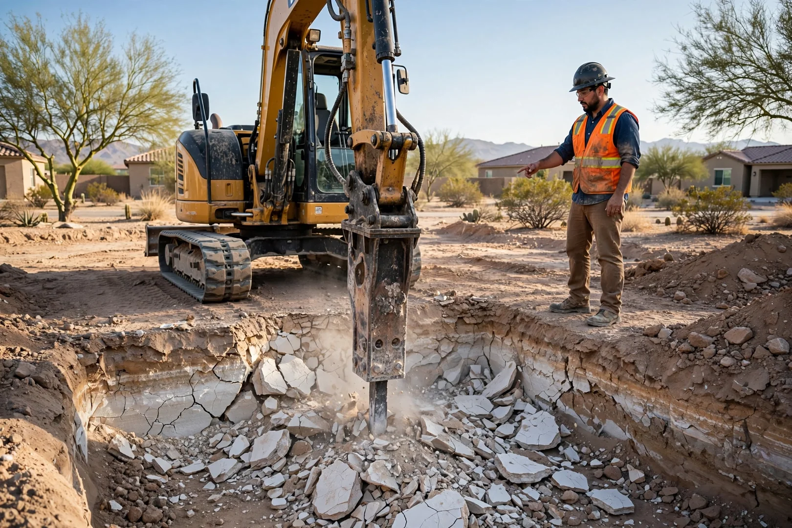 Excavator with hydraulic breaker removing hardpan caliche for a home foundation