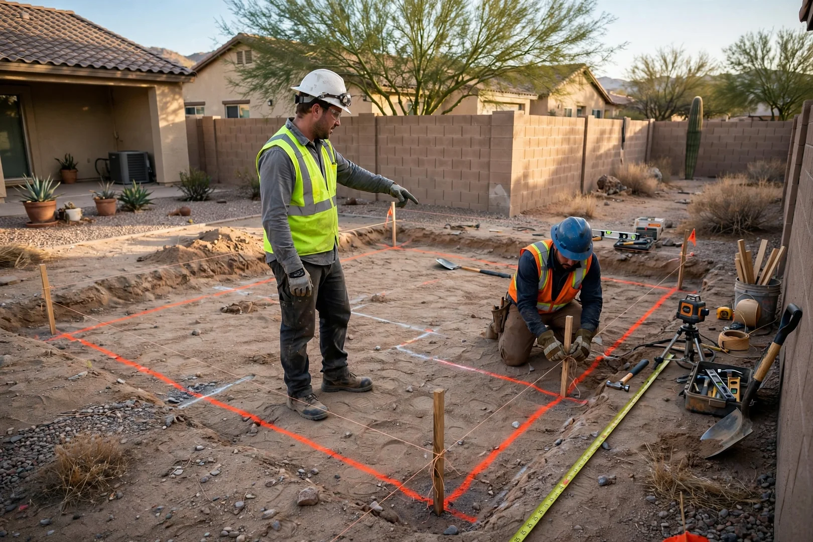 Desert backyard before an addition foundation dig, with marked footing layout lines