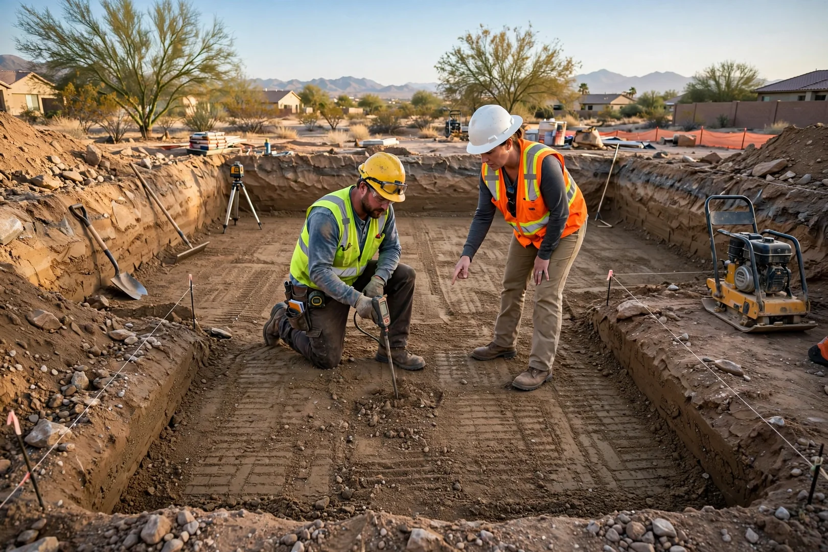 Over-excavated foundation pad with compacted engineered fill ready for inspection