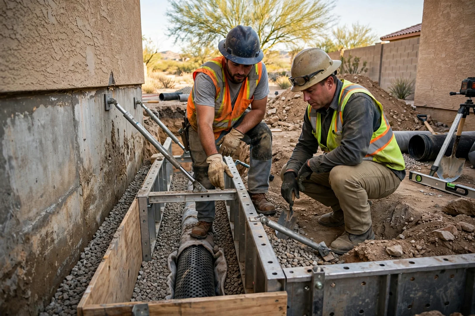 Basement walls with trench shoring and drainage gravel along the excavation edge