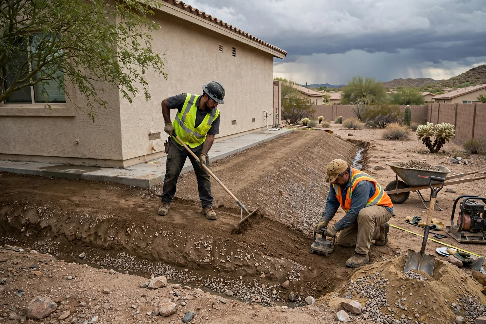 Finished foundation backfill graded away from the slab for monsoon drainage