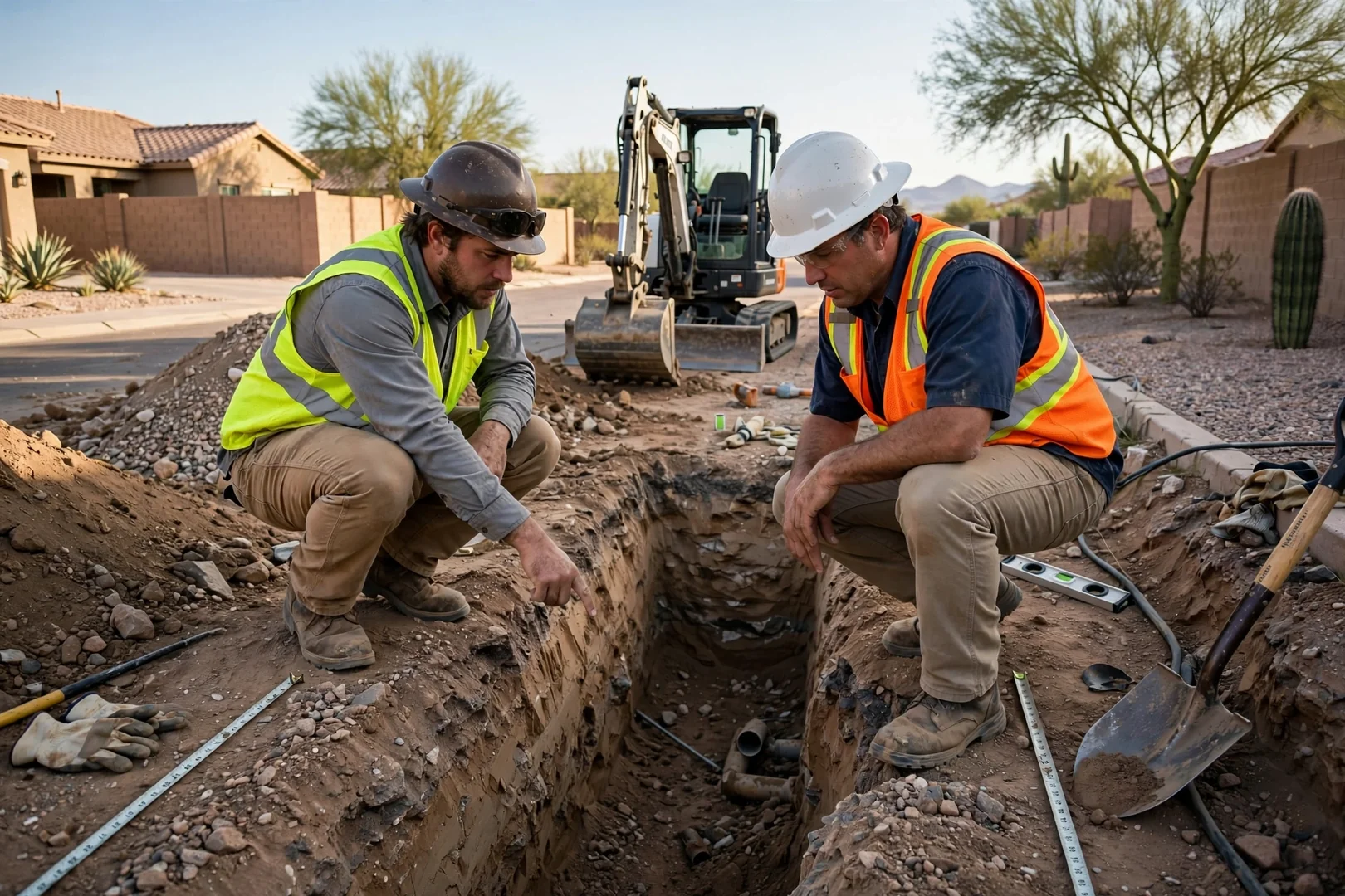 Excavation crew checking footing trench grades with a laser level at a home site