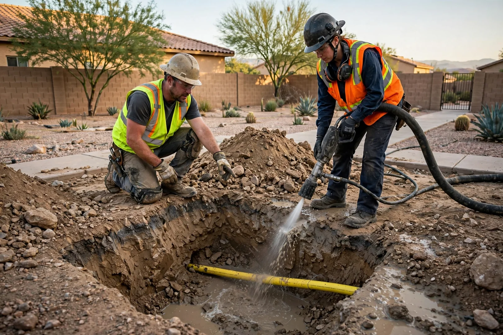 Hydro excavation potholing exposing a buried gas line in a residential Avondale yard