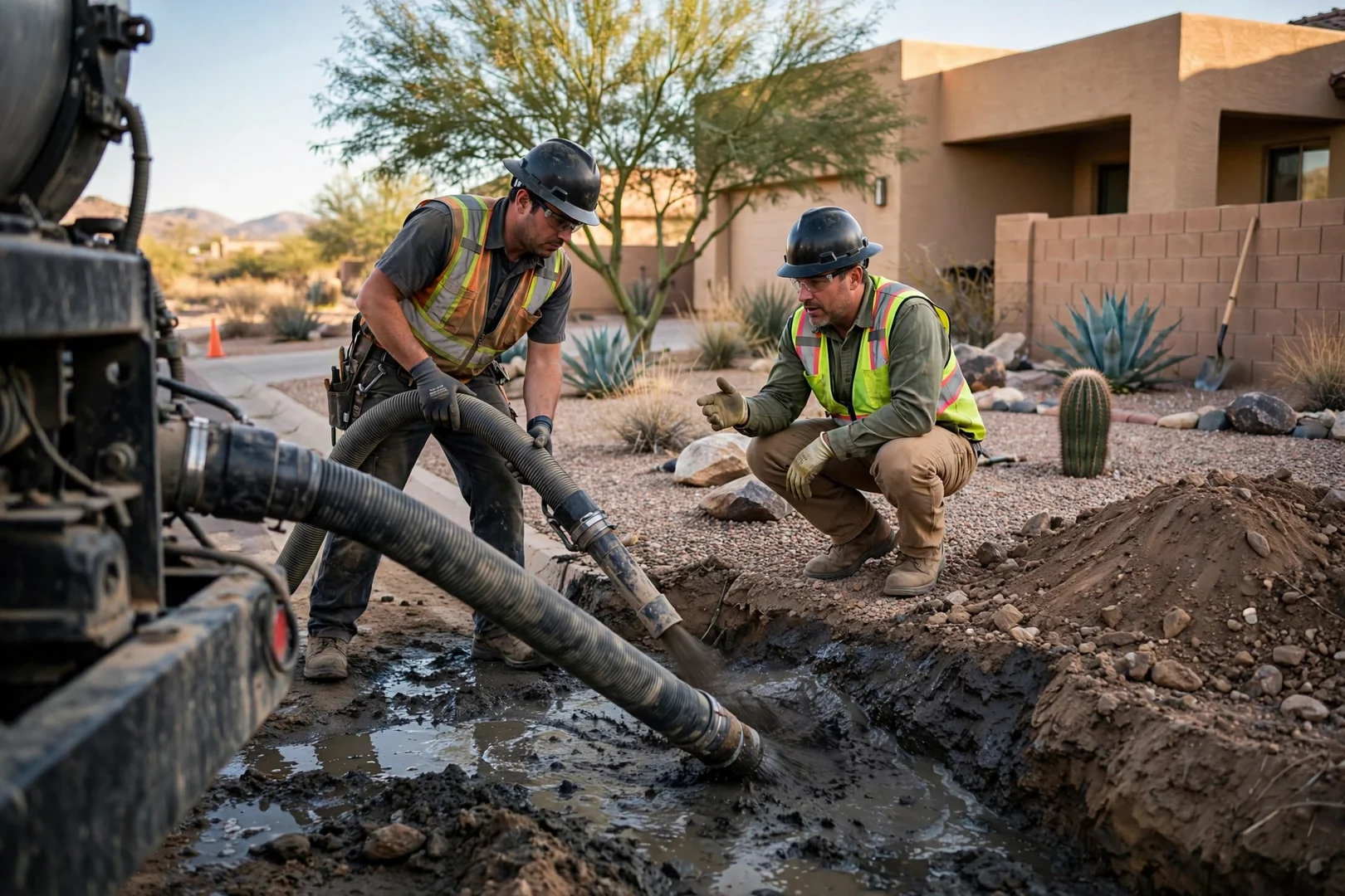 Vacuum truck hose removing soil slurry beside a desert landscaped front yard