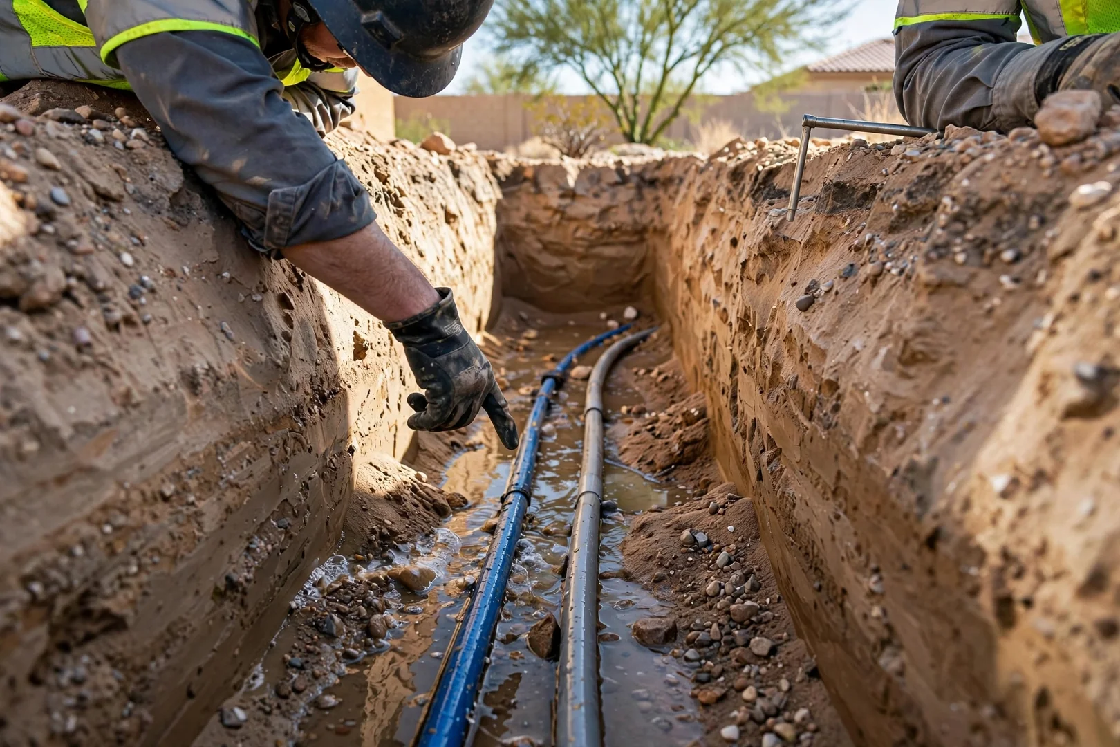 Close-up of daylighted water and electrical lines in a clean hydro excavated trench