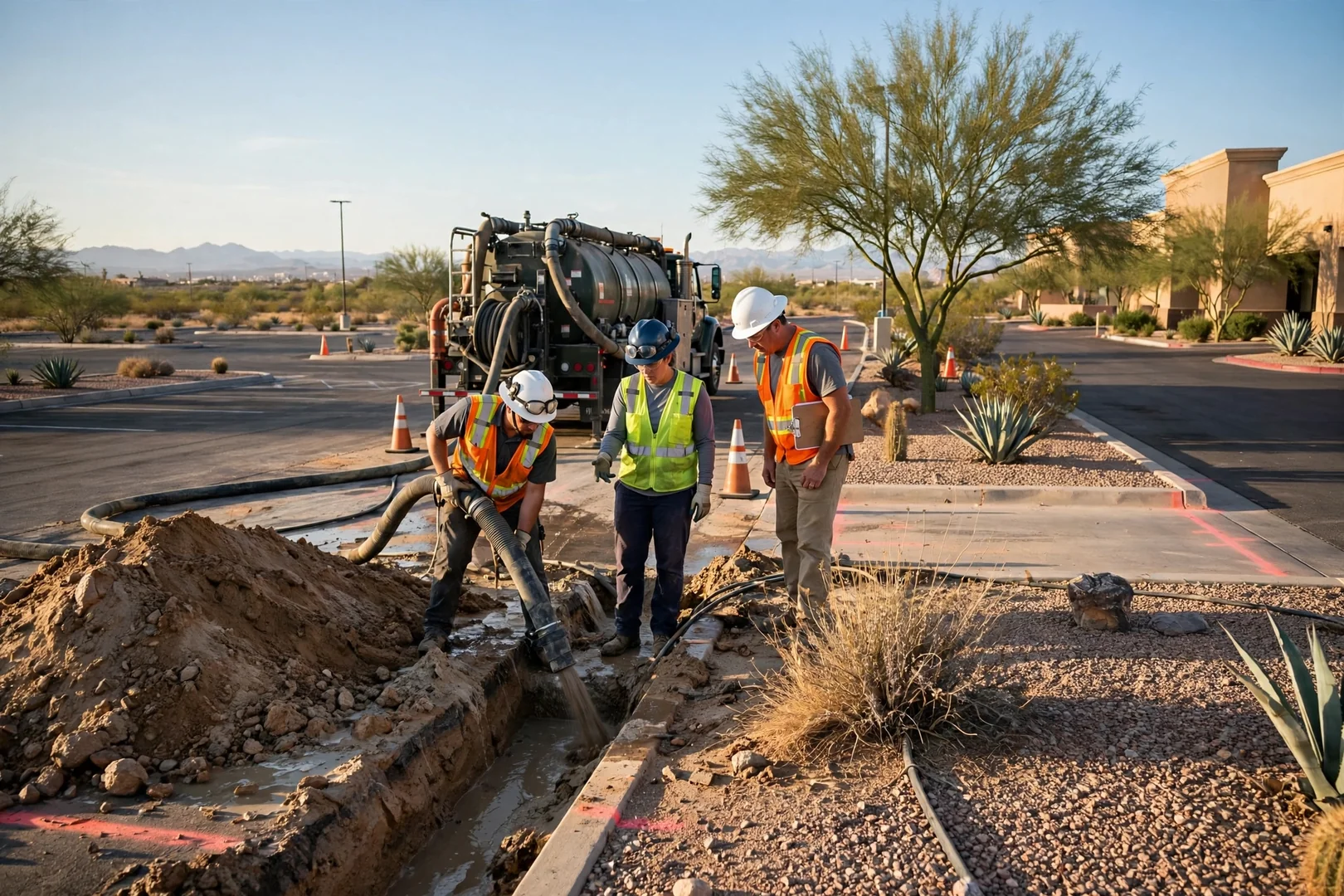 Wide view of hydro excavation crew working near a commercial parking lot edge