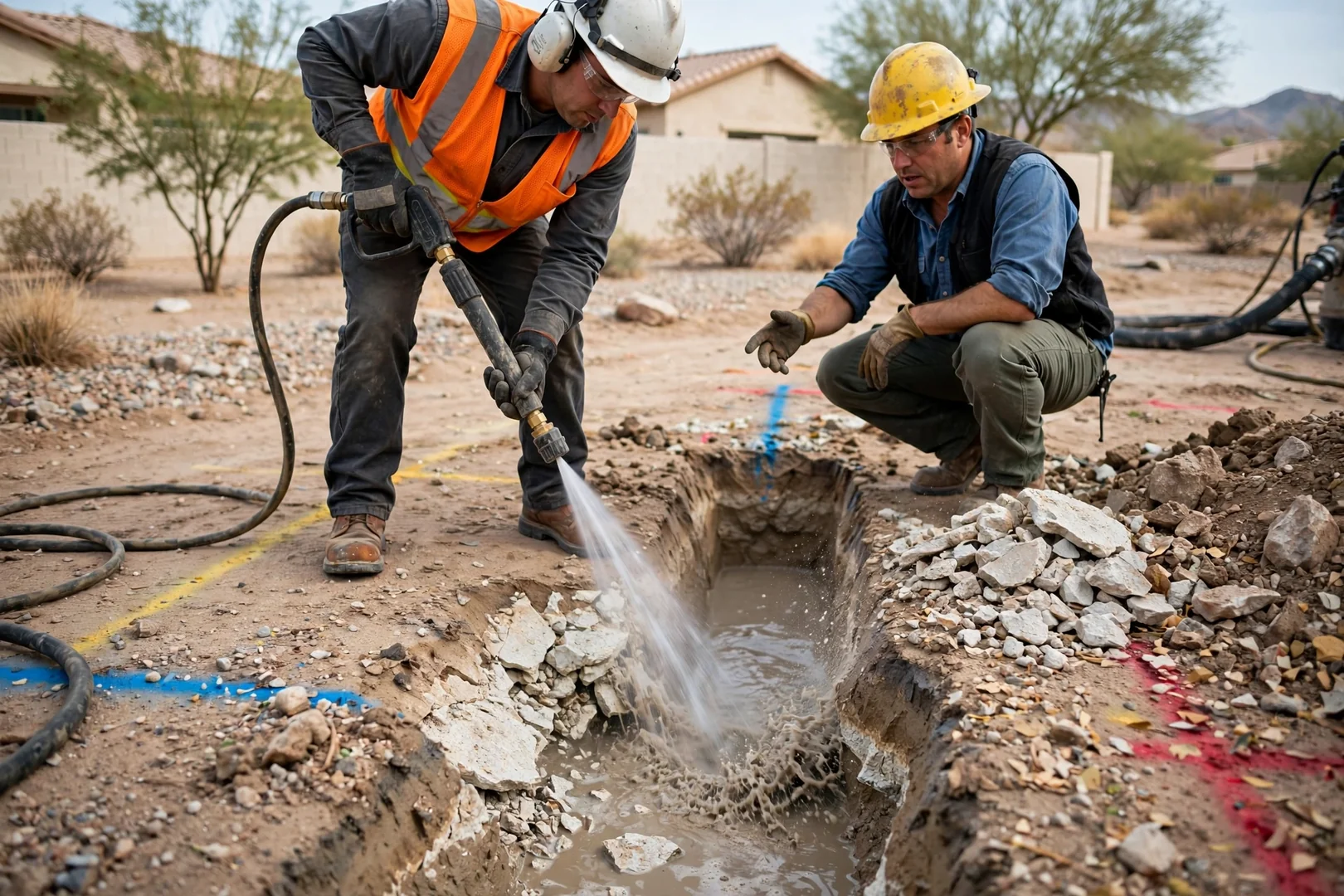 Pressurized water wand cutting through caliche soil during utility locating work