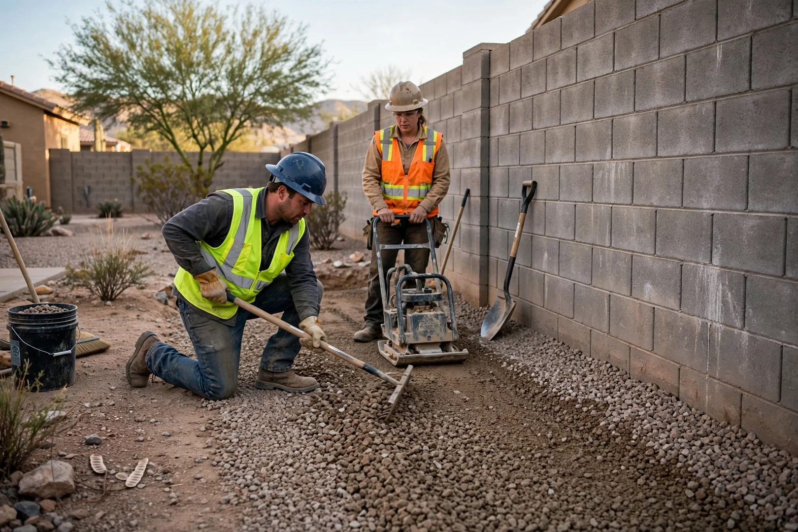 Finished backfilled hydro excavation site with gravel restored along a block wall