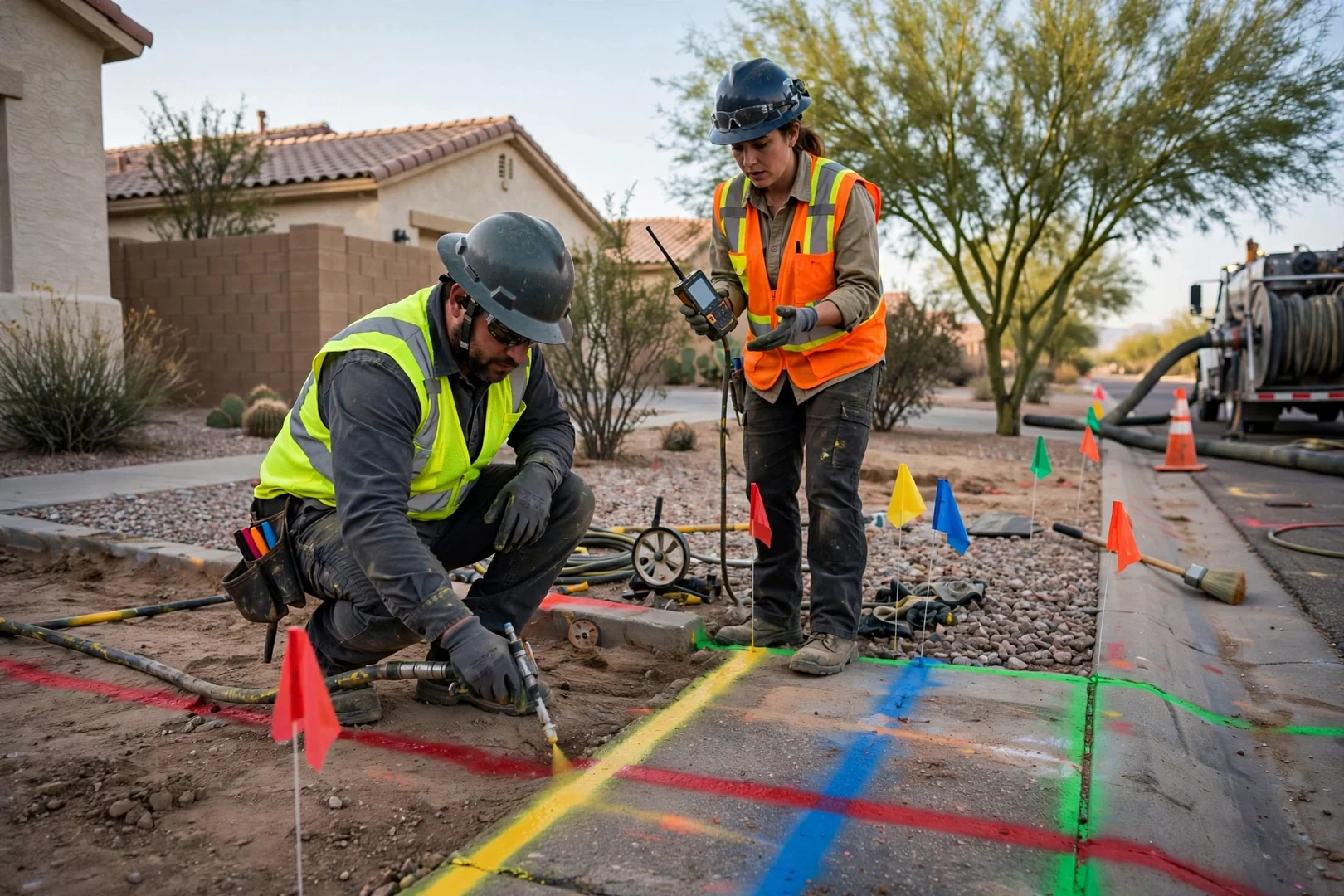 Marked utility flags and paint lines before hydro excavation begins on a property