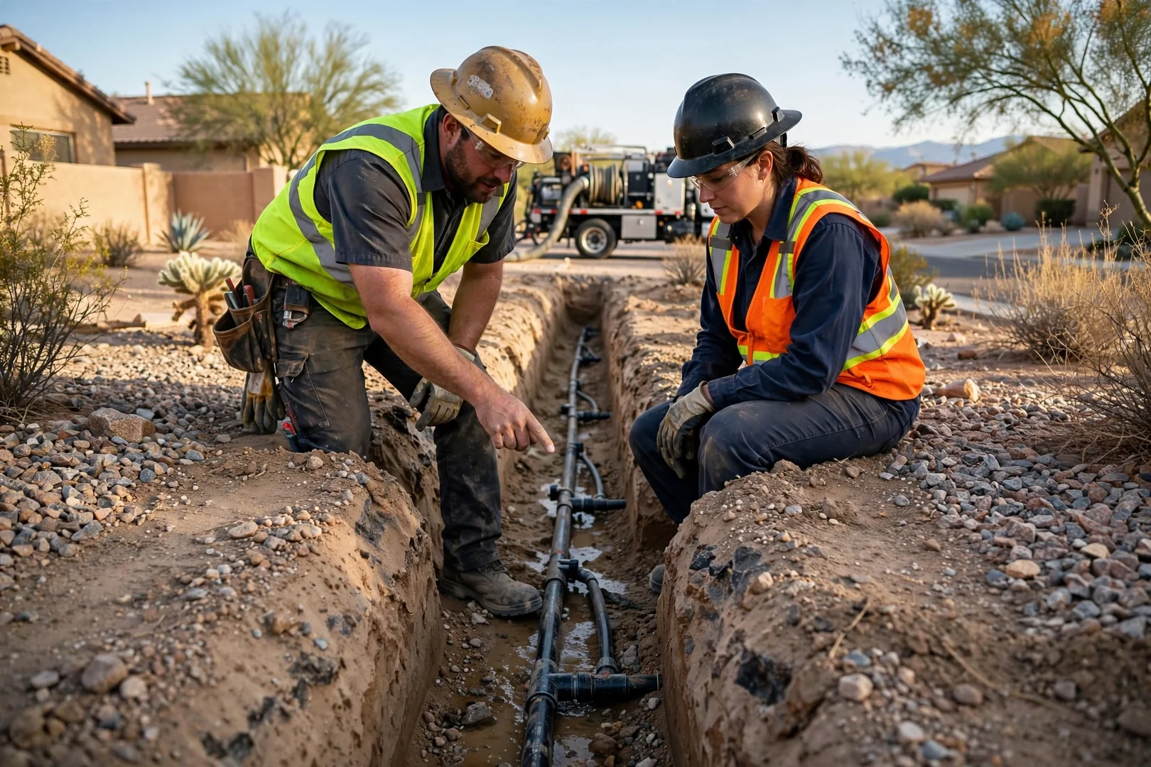 Narrow slot trench created with hydro excavation alongside an irrigation line in Avondale