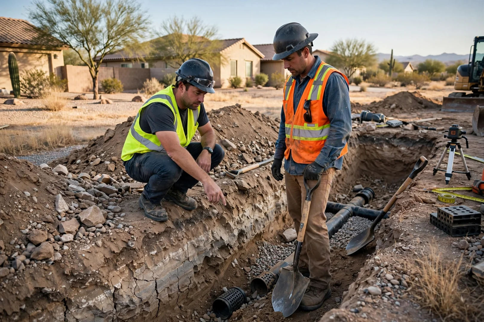 Crew operating a hydro excavation hose and vacuum tube near buried utility lines
