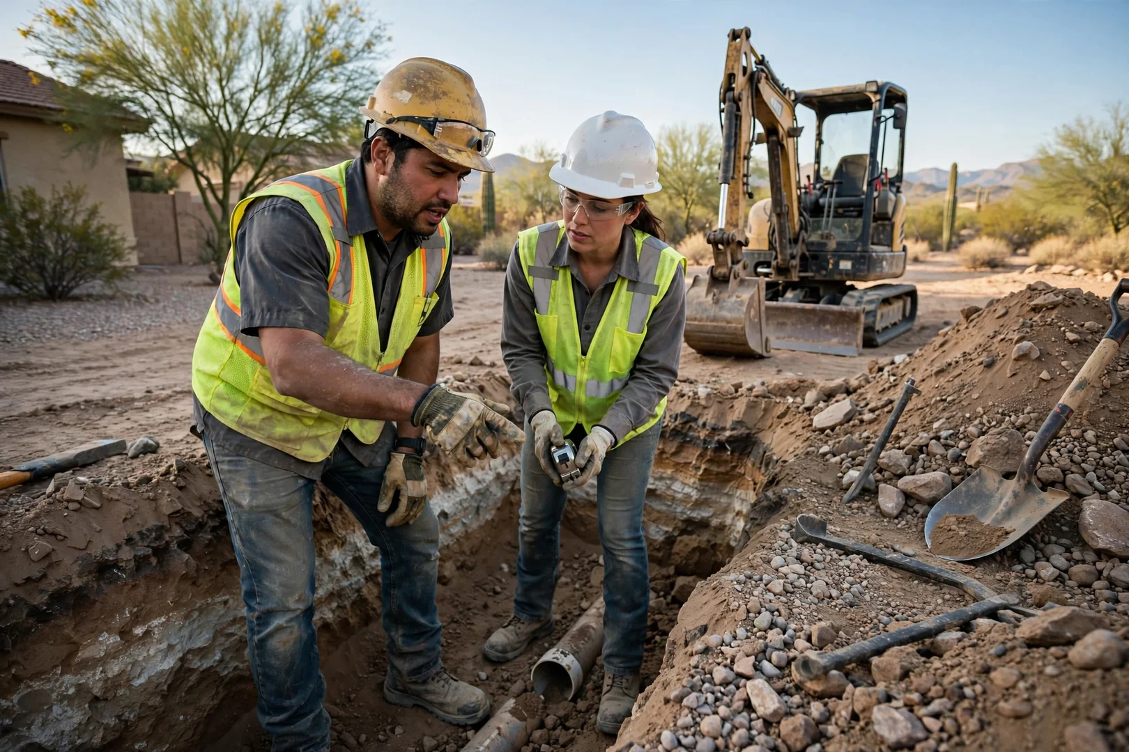 Skid steer finish grading a residential lot for drainage in Avondale, AZ