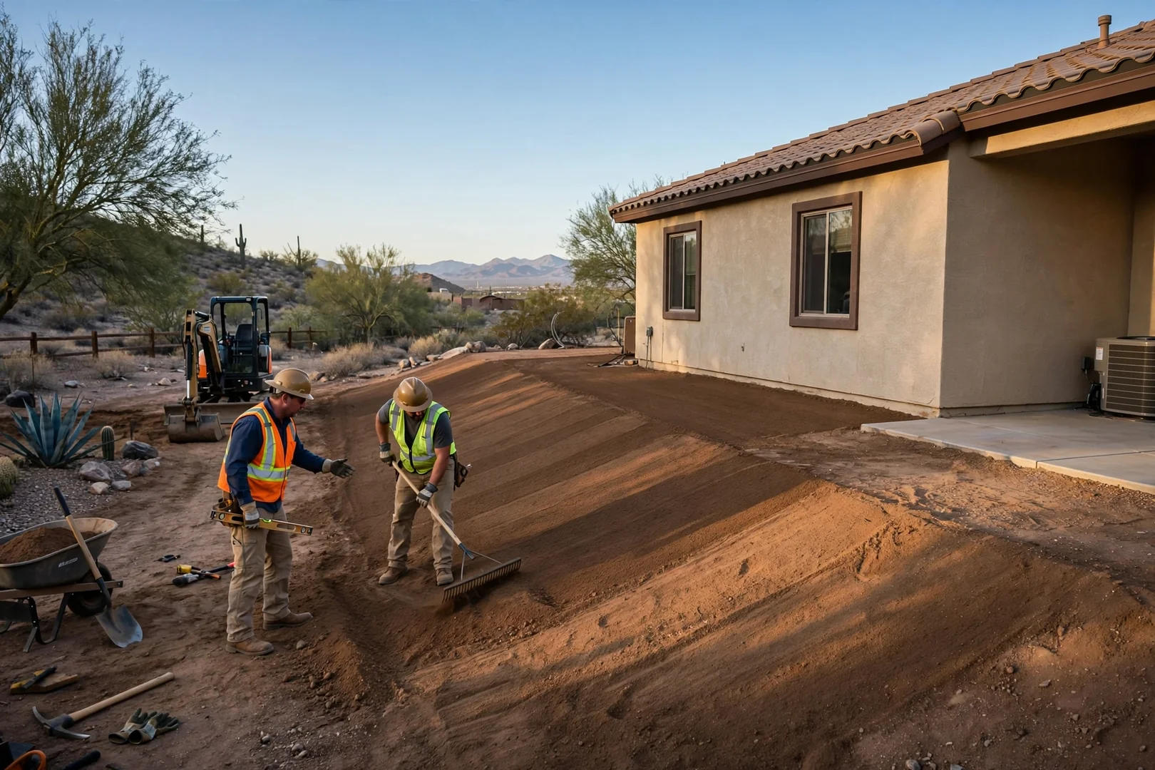 Freshly regraded backyard sloping away from a stucco home in Avondale