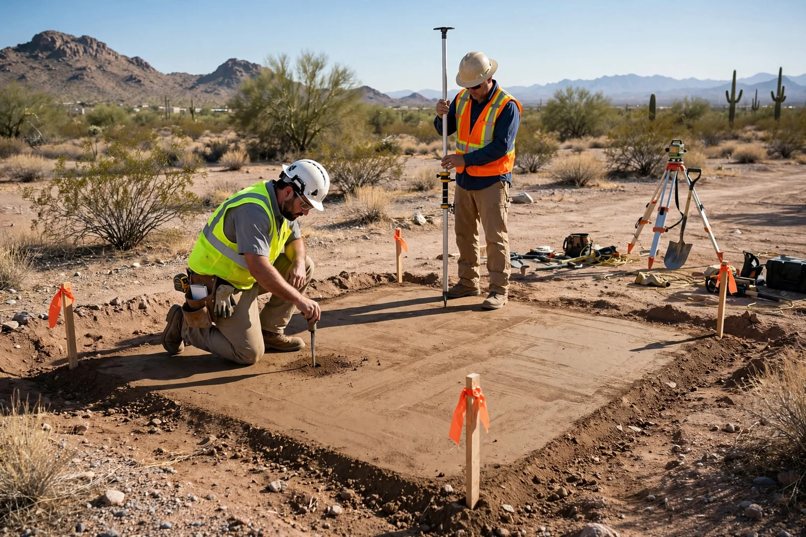 Compacted building pad with survey stakes on a flat desert lot