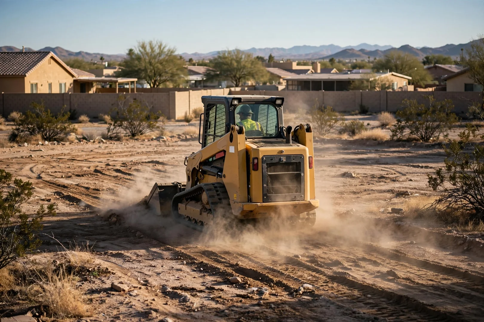 Compact track loader rough grading a cleared desert lot under clear skies