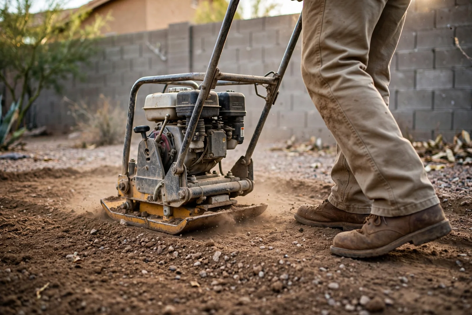Plate compactor finishing imported fill soil in a residential backyard