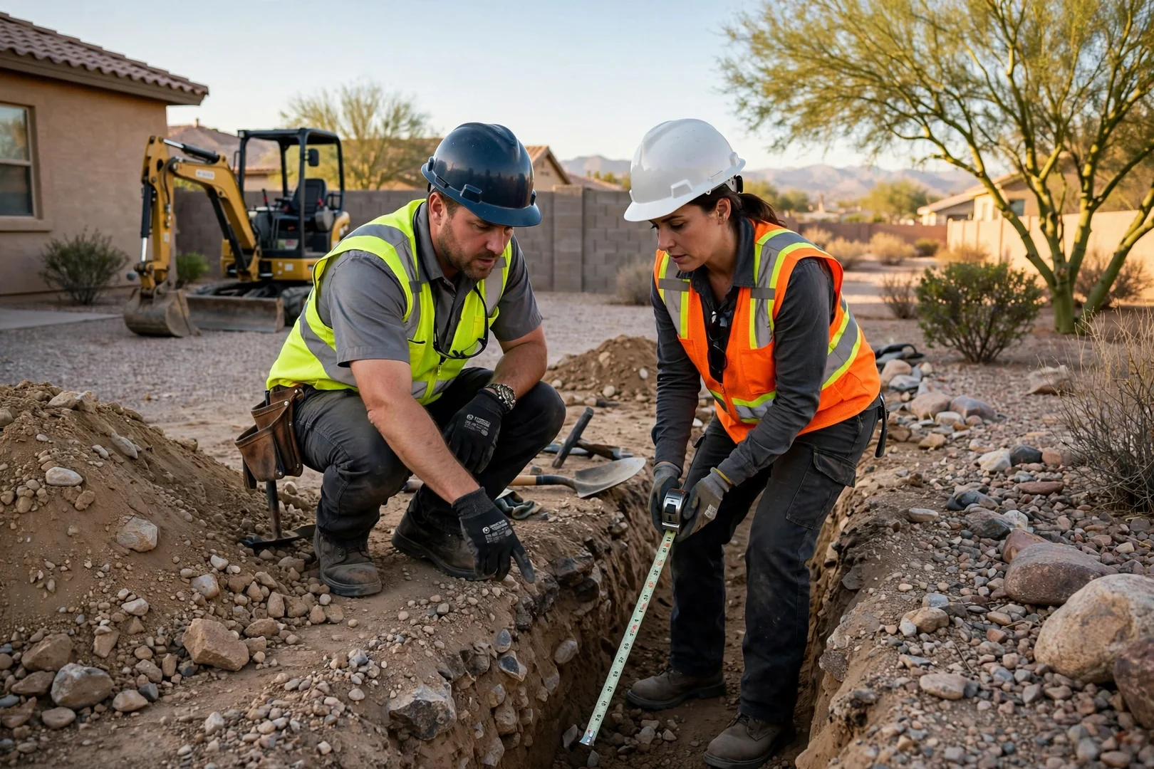 Mini excavator digging a utility trench through caliche soil in an Avondale backyard