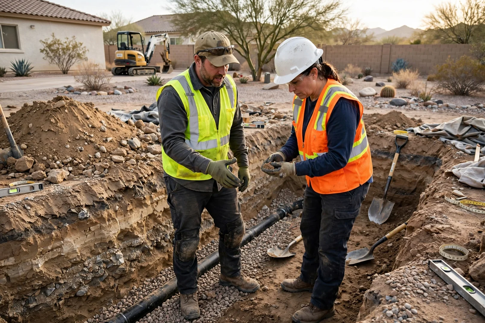 Open utility trench with conduit bedding beside a home in Avondale