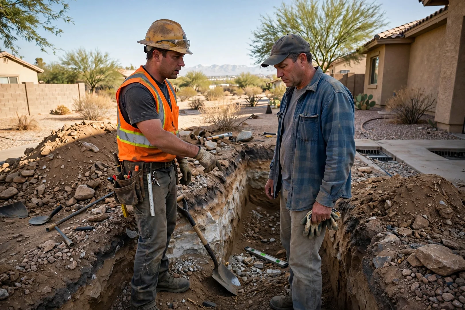 Compact excavator digging a utility trench through caliche soil in Avondale, AZ