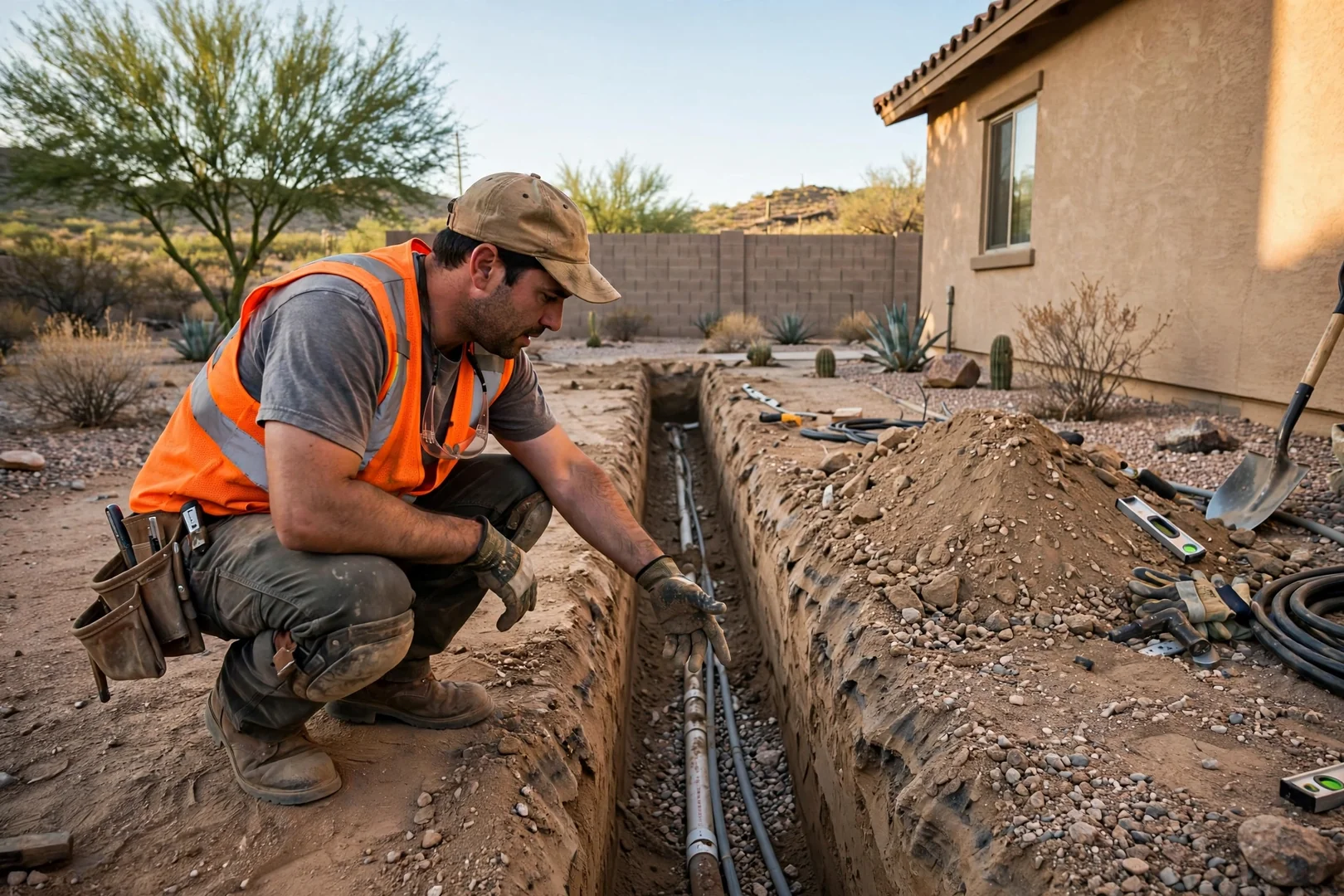 Narrow utility trench cut through compacted desert soil beside a single-family home in Avondale