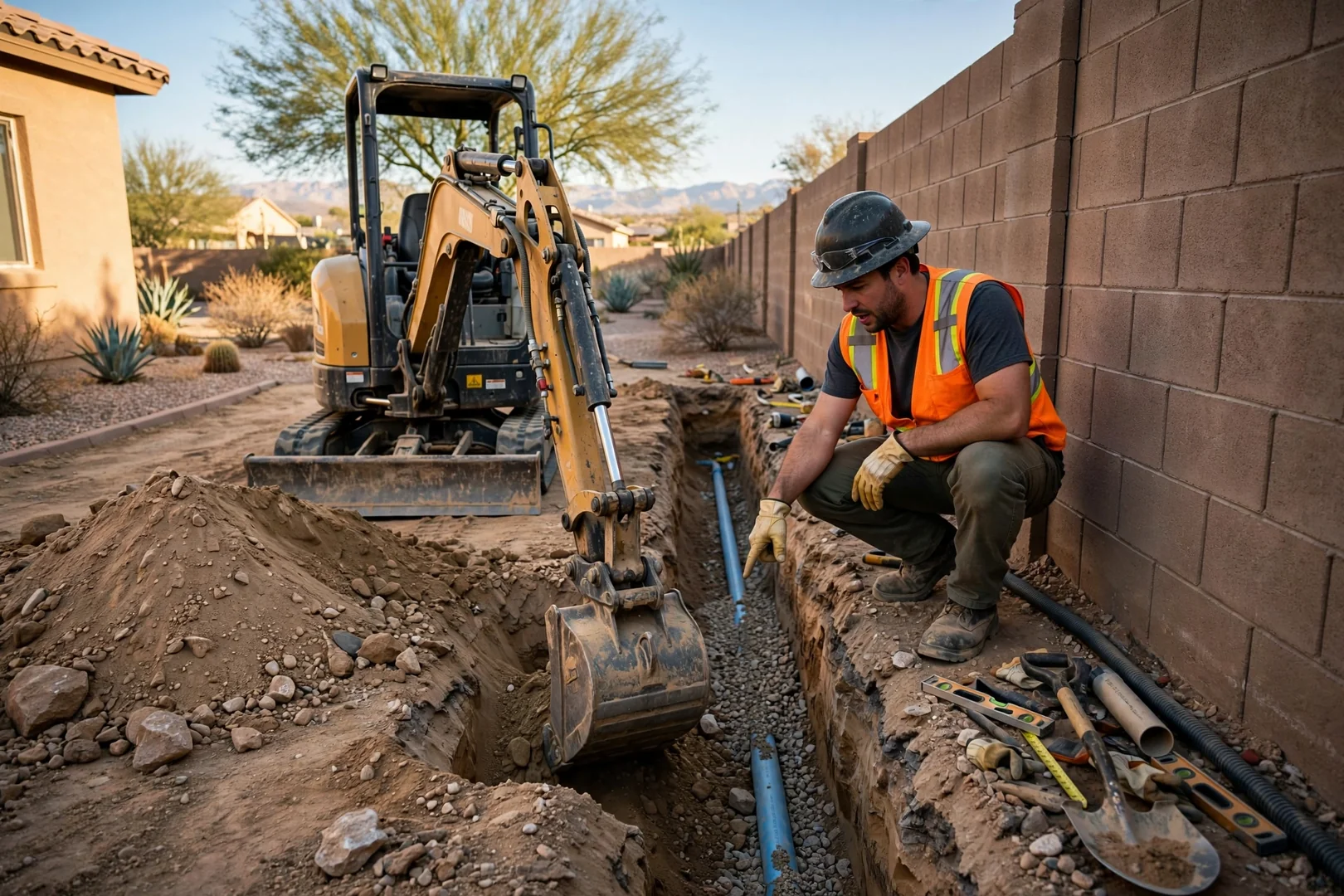 Compact excavator digging a water line trench along a backyard block wall