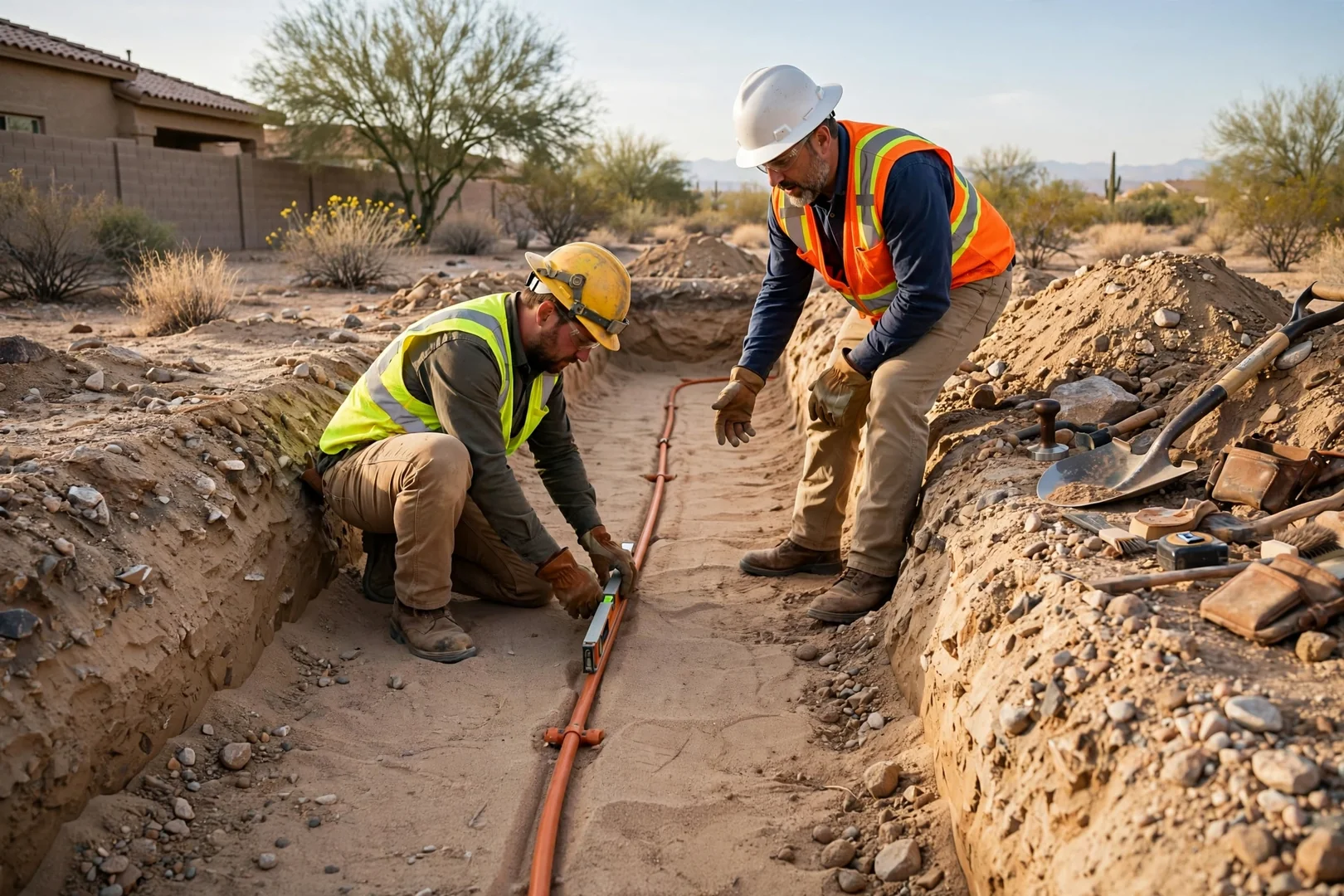 Electrical conduit laid on sand bedding inside an open trench before backfill