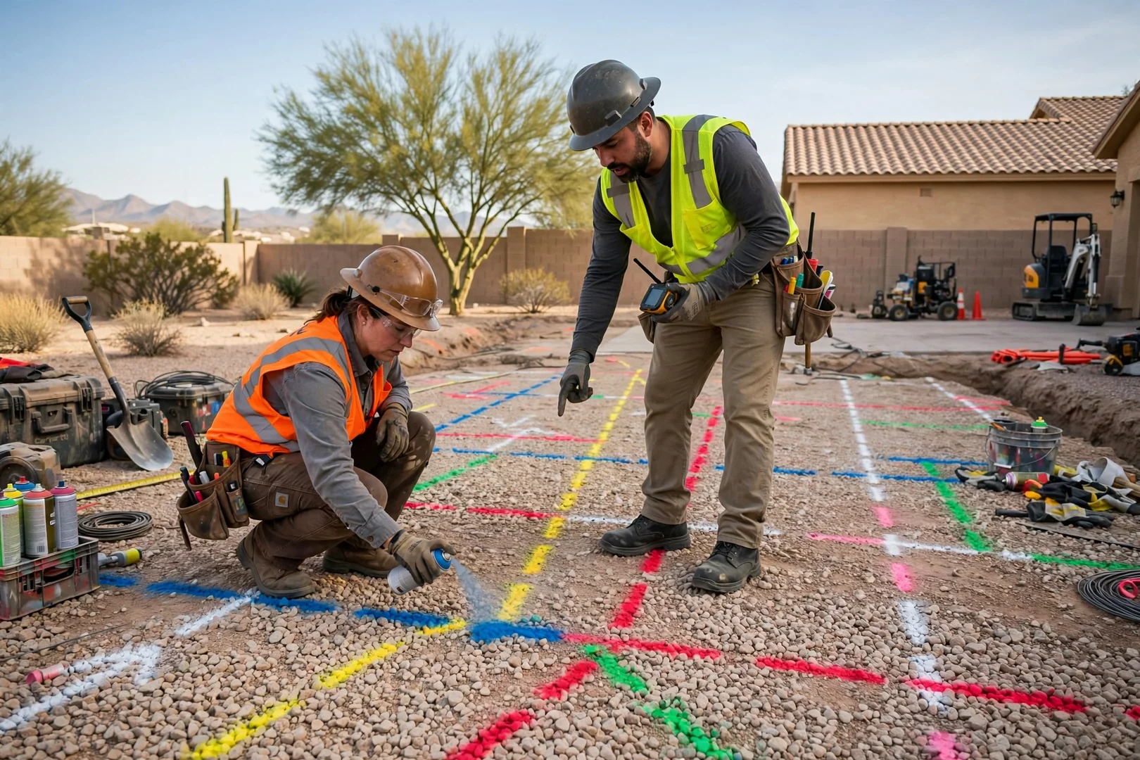 Painted utility locate marks on gravel landscaping ahead of trenching work