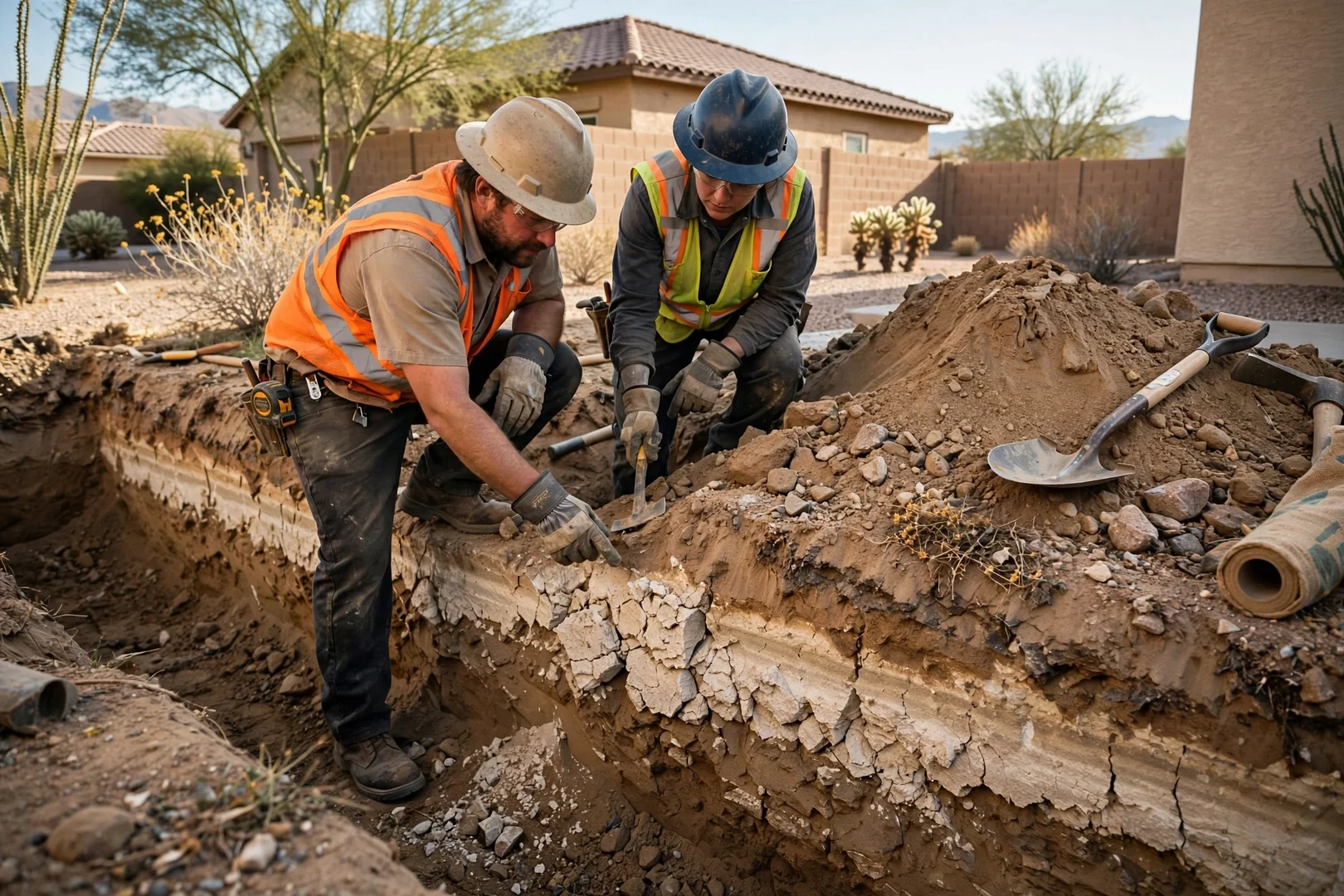 Hard caliche layer exposed along the sidewall of a residential utility trench