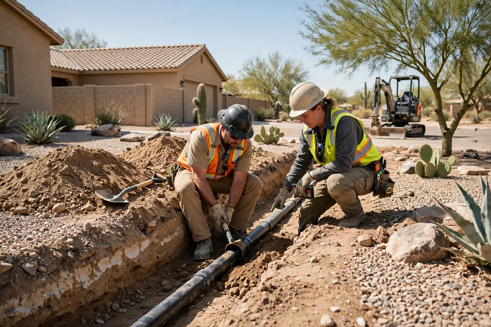 Irrigation mainline trench running across a desert landscaped front yard in Arizona