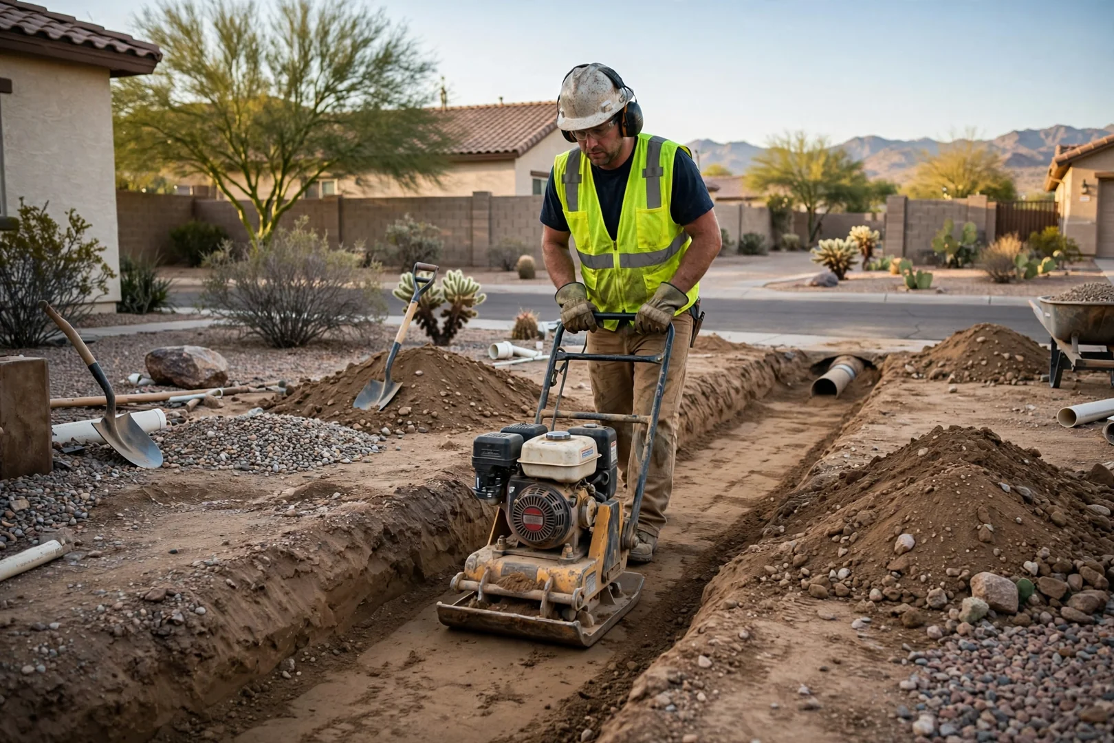 Plate compactor finishing backfill over a completed sewer lateral trench